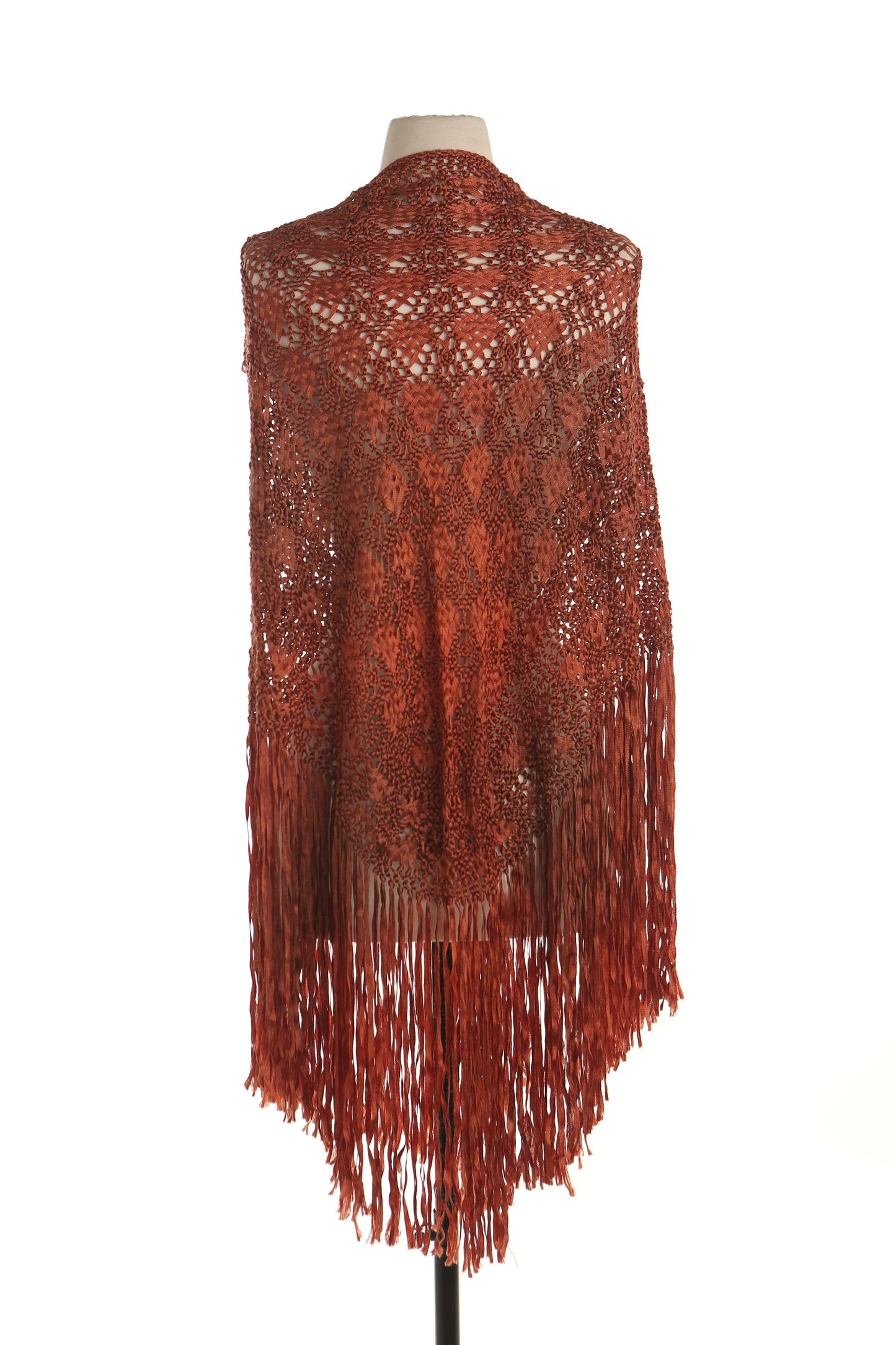 Brown hand knit shawl fringe western boho hippie crochet vintage women 70's