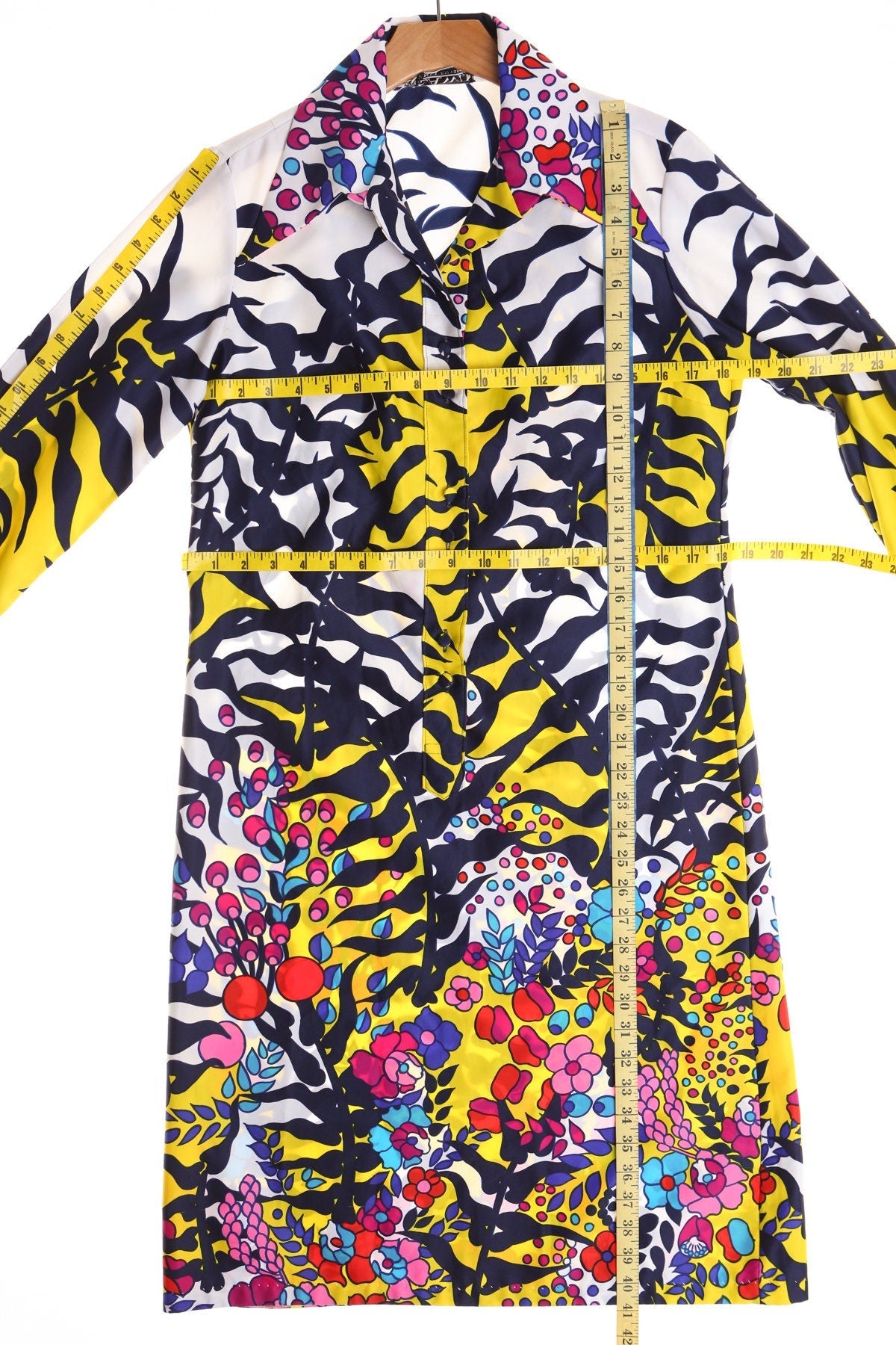 Vintage 70's floral print yellow white long sleeve mod disco dress hippie 60's