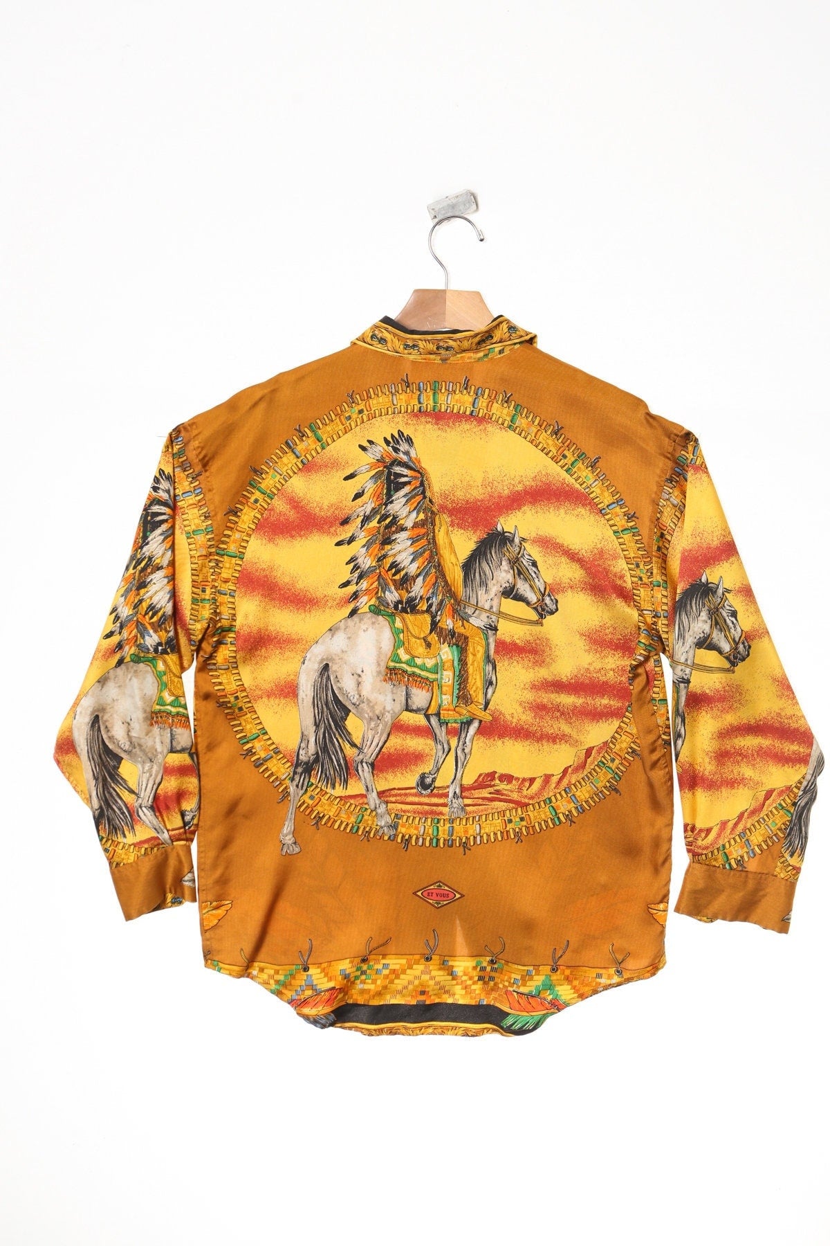 Vintage men long sleeve orange native american print chief et vous shirt baroque 90's y2k