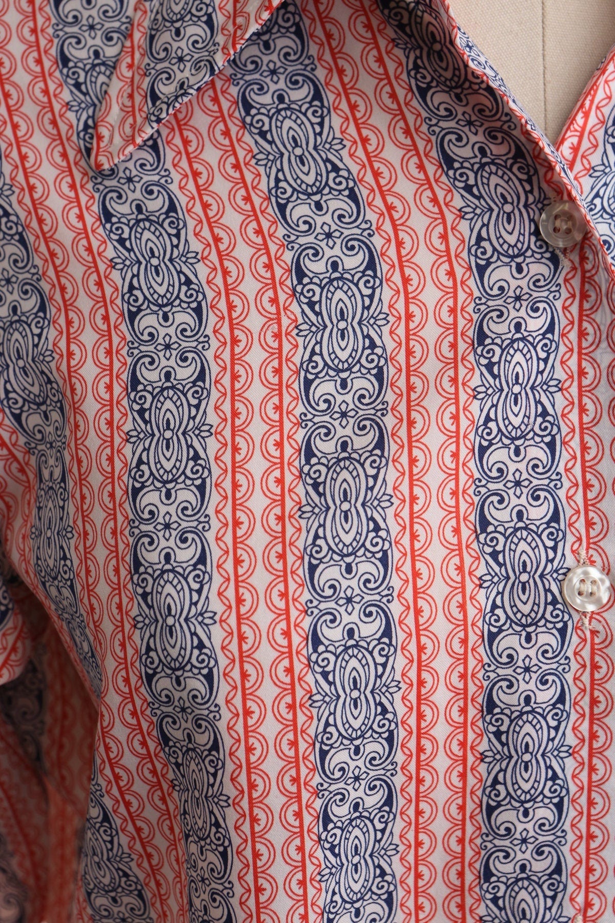 Women 70's cotton button up blouse top red blue butterfly neck hippie costume tailor