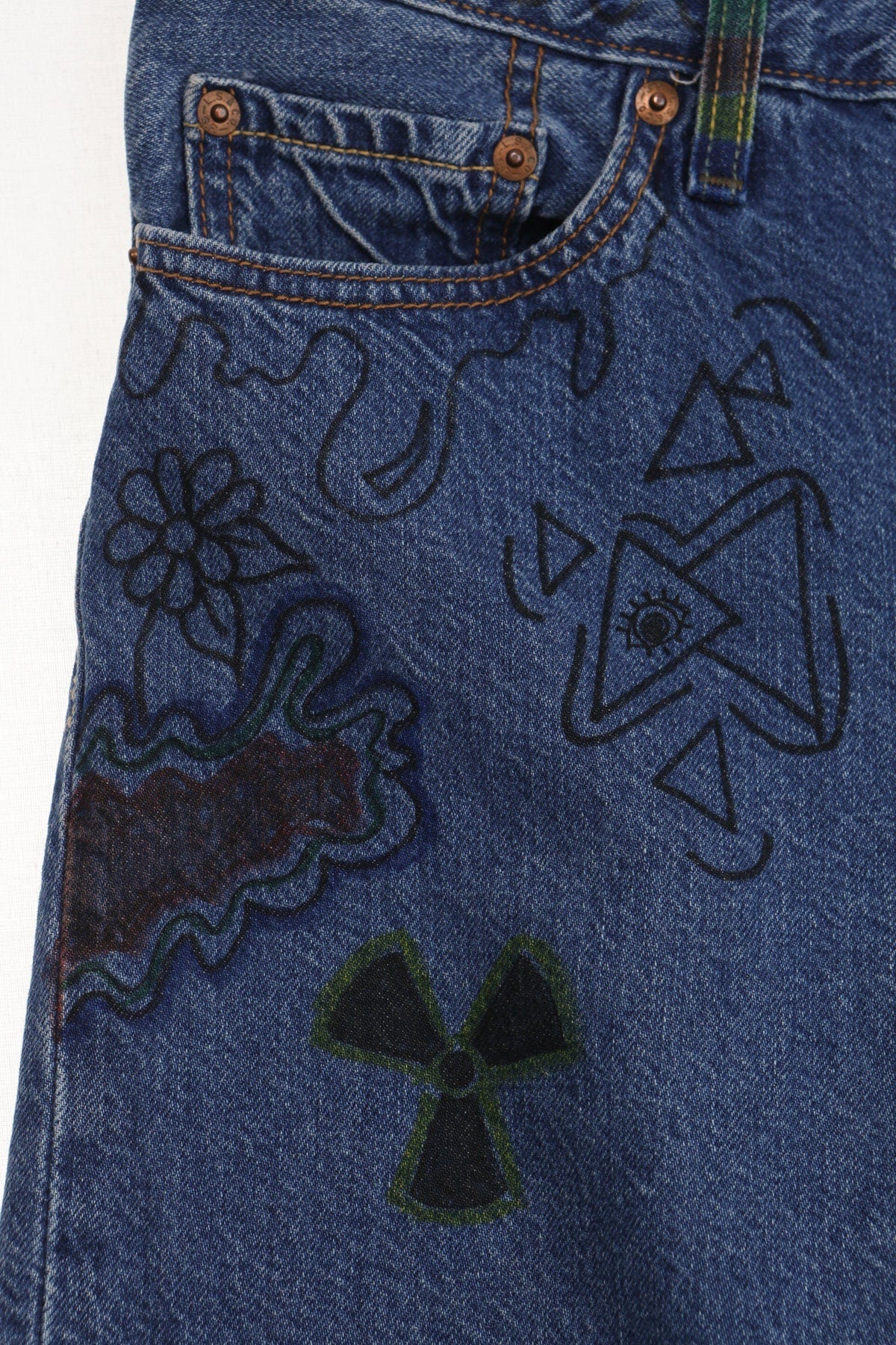 501 c levi jeans denim pants art graffiti hand drawn blue y2k 32 waist