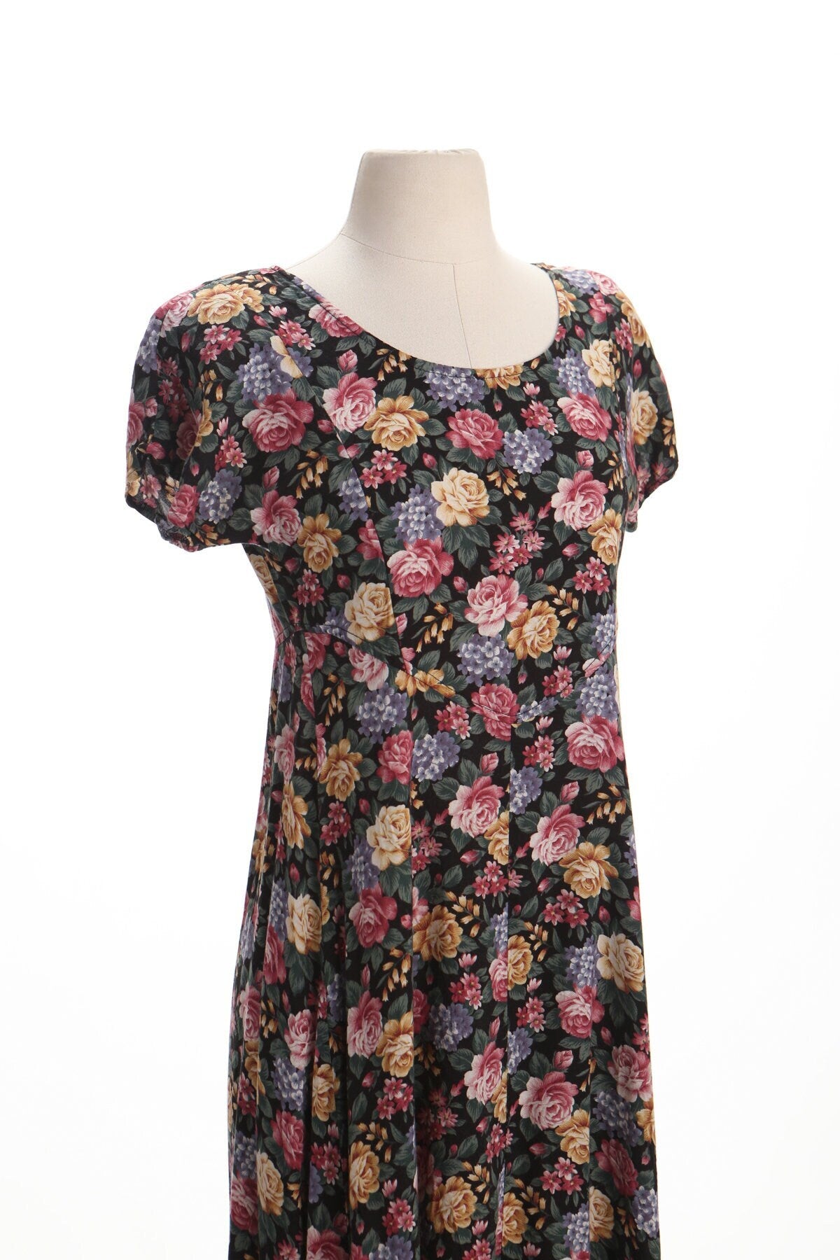 Dress vintage 90's black floral print summer long women casual rayon