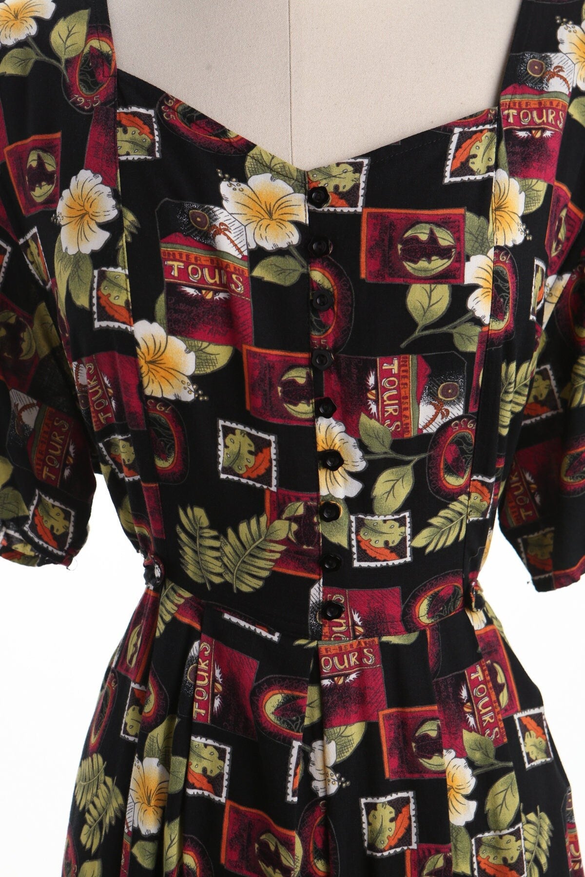 Vintage 90's long floral print black dress rayon button back belt short sleeve xl