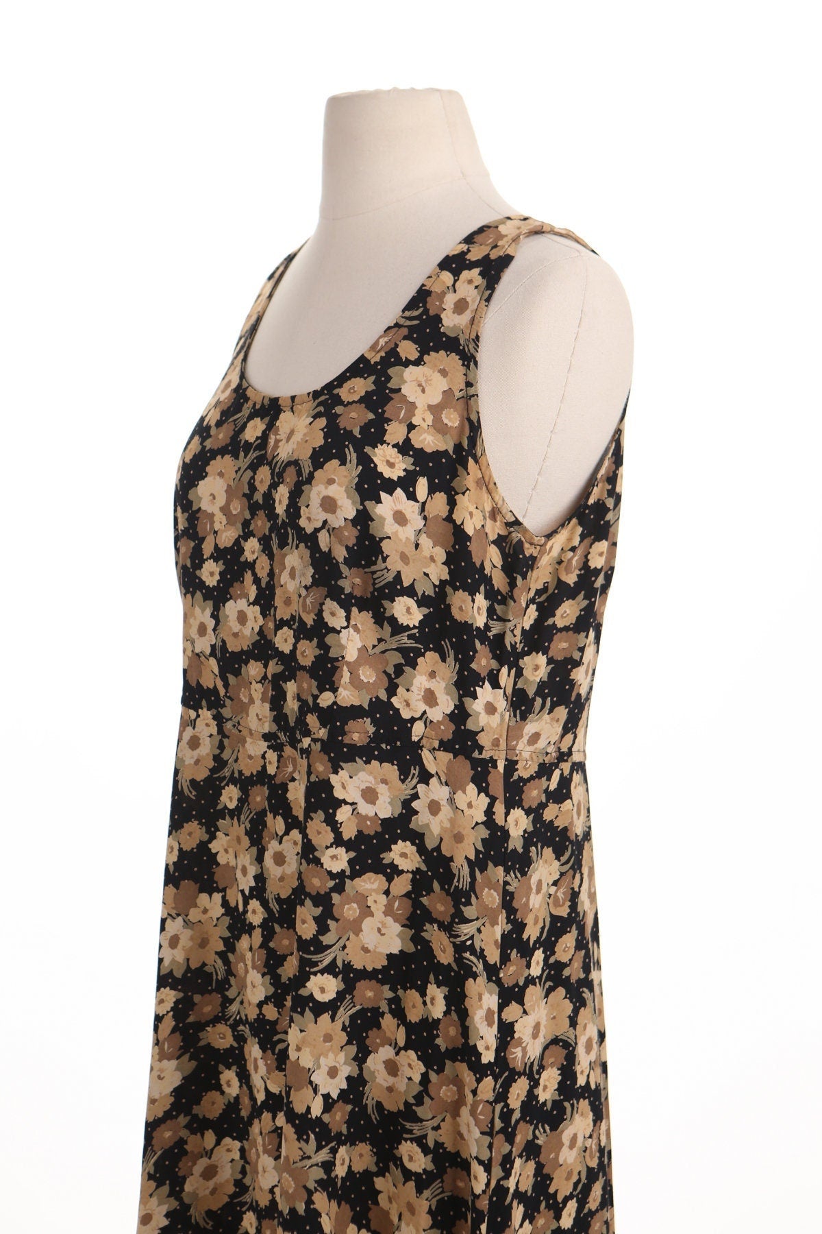 Vintage women floral yellow black summer long dress 90's casual