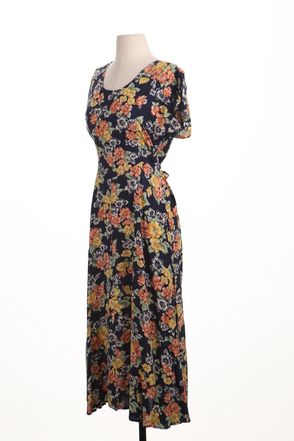 Vintage 90's summer spring casual dress long floral flower print black