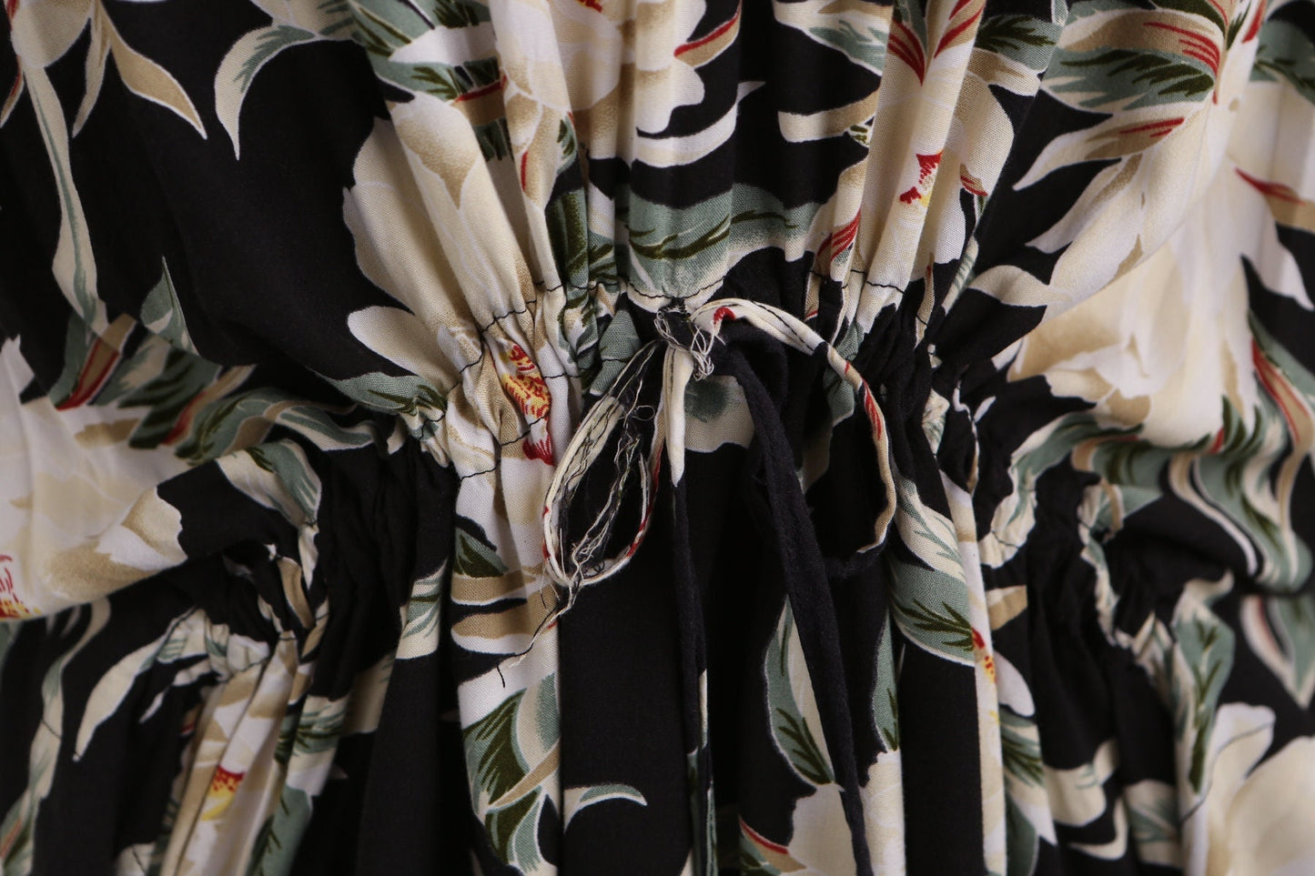 Vintage summer hawaiian dress caftan women floral black lotus flower short waist belt