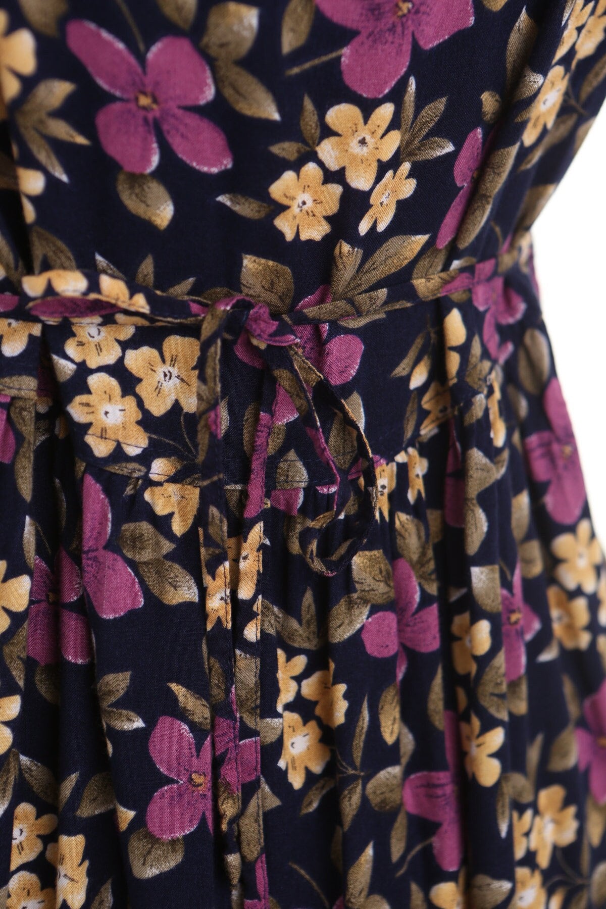 Vintage 90's rayon dress floral blue yellow purple women summer casual petites