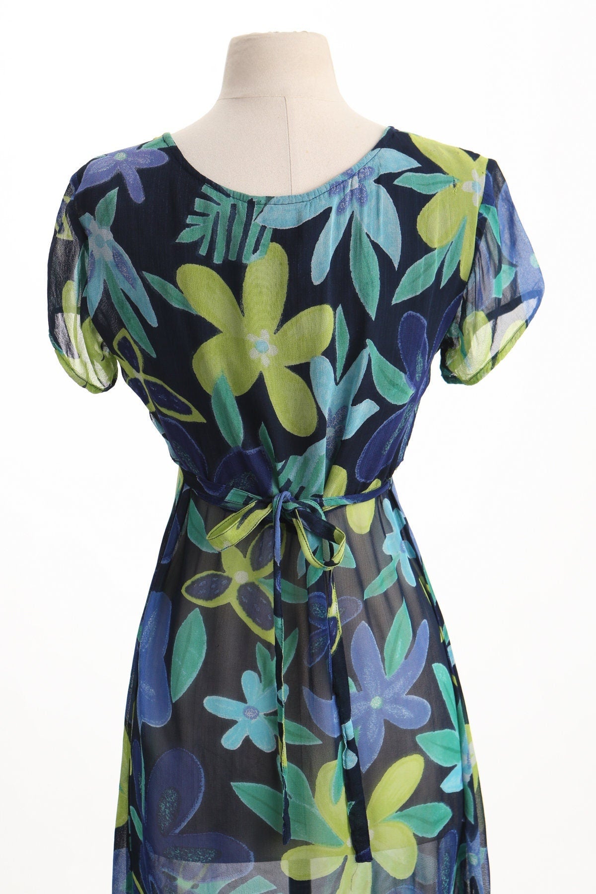 Vintage summer dress women floral plant print green blue long short sleeve