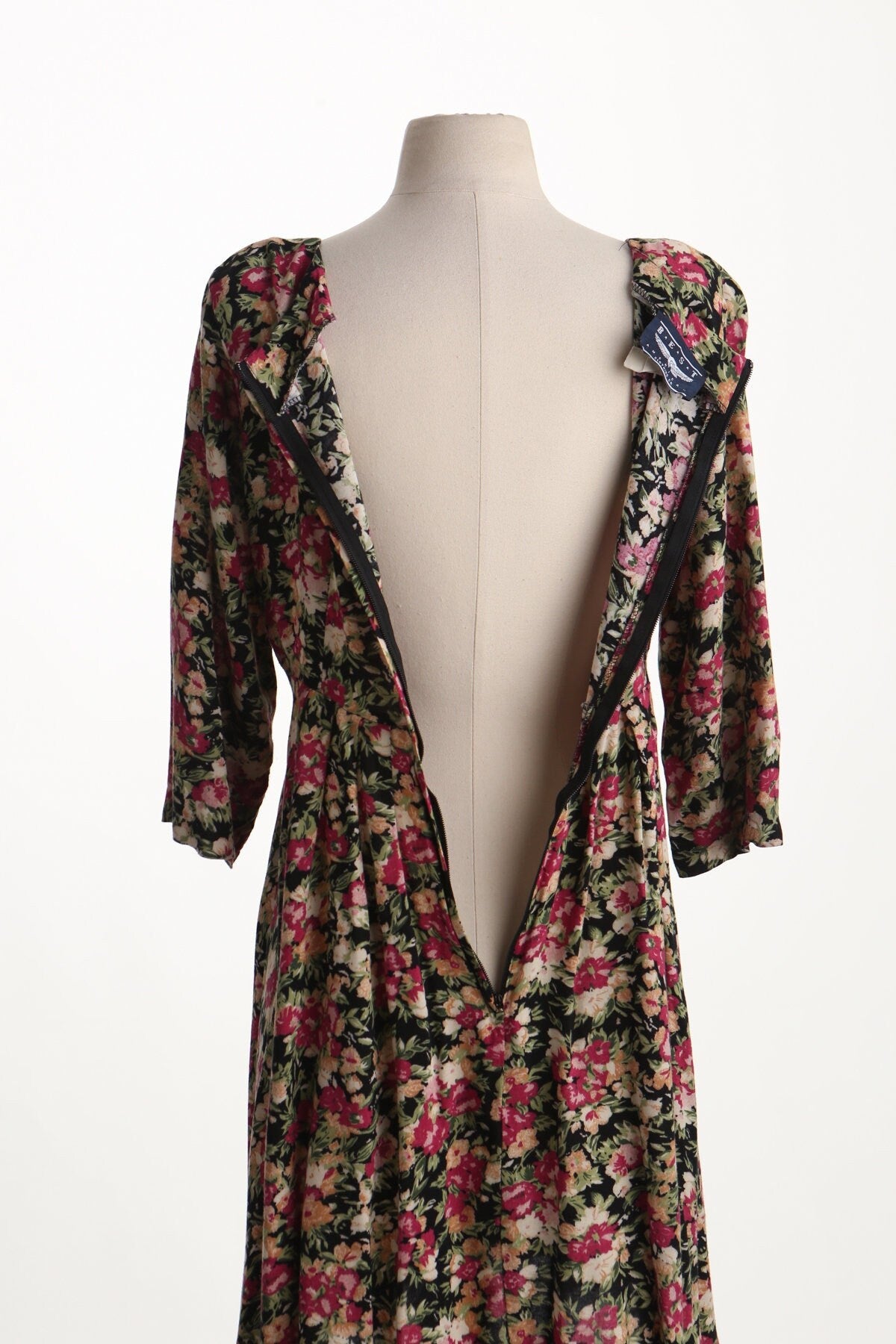 90's dress black floral summer women vintage print yellow pink flowers back zipper