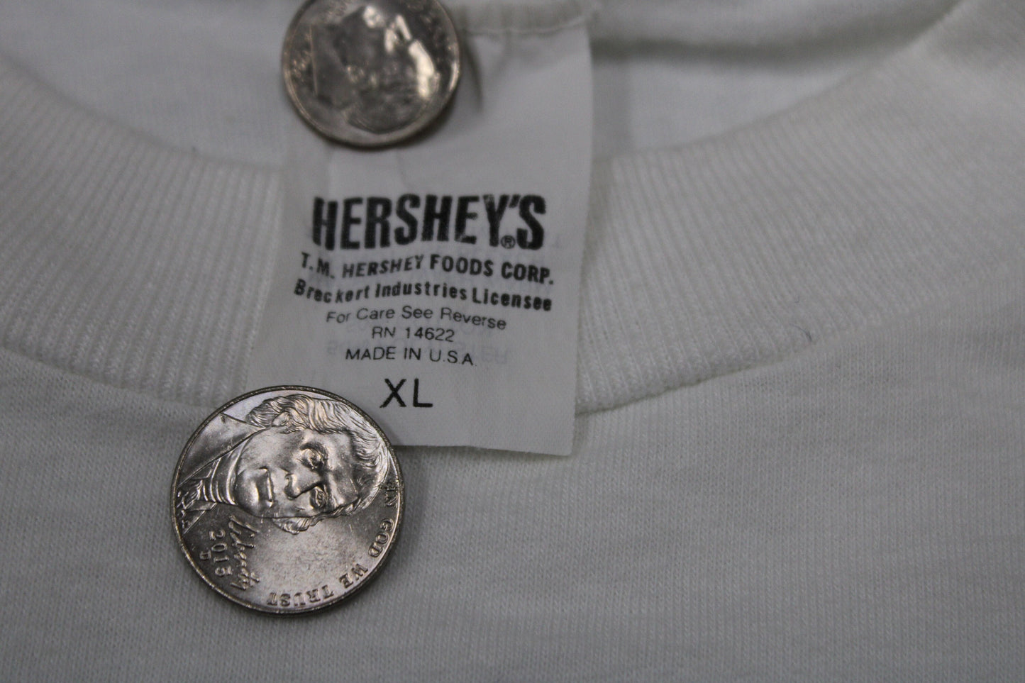 Hershey's vintage white t-shirt chocolate lovers made in usa graphic candy kisses chocolate