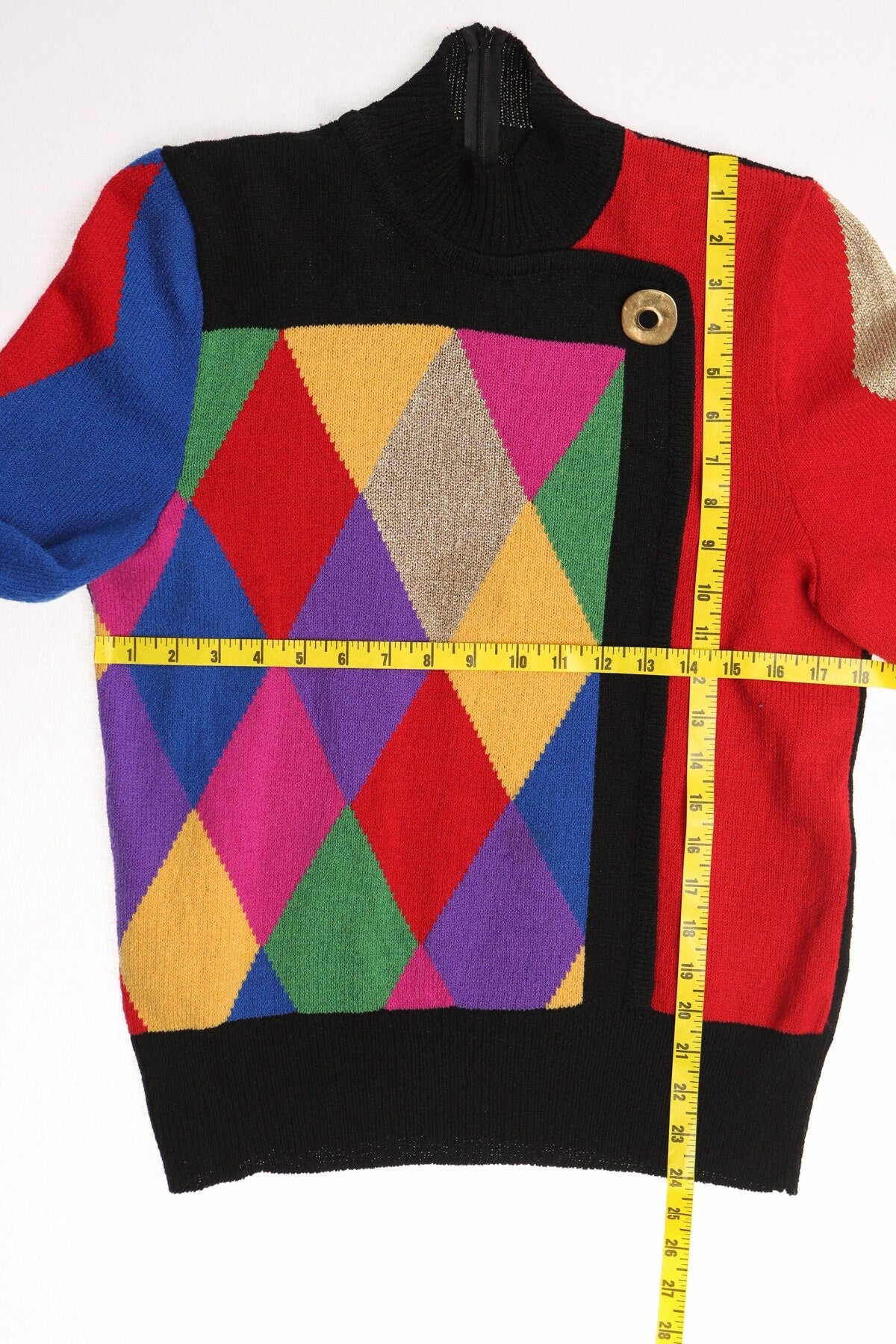 Vintage women 90's casual sweater black 80's side button geometric