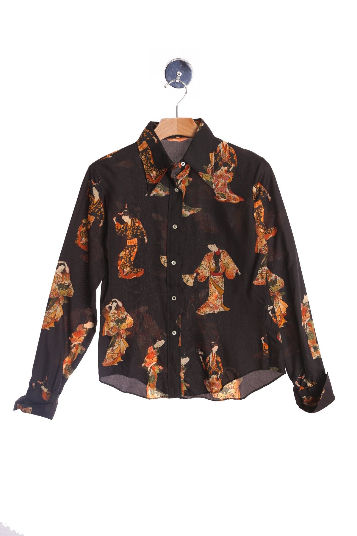 Women Black Geisha Print Button Up Blouse