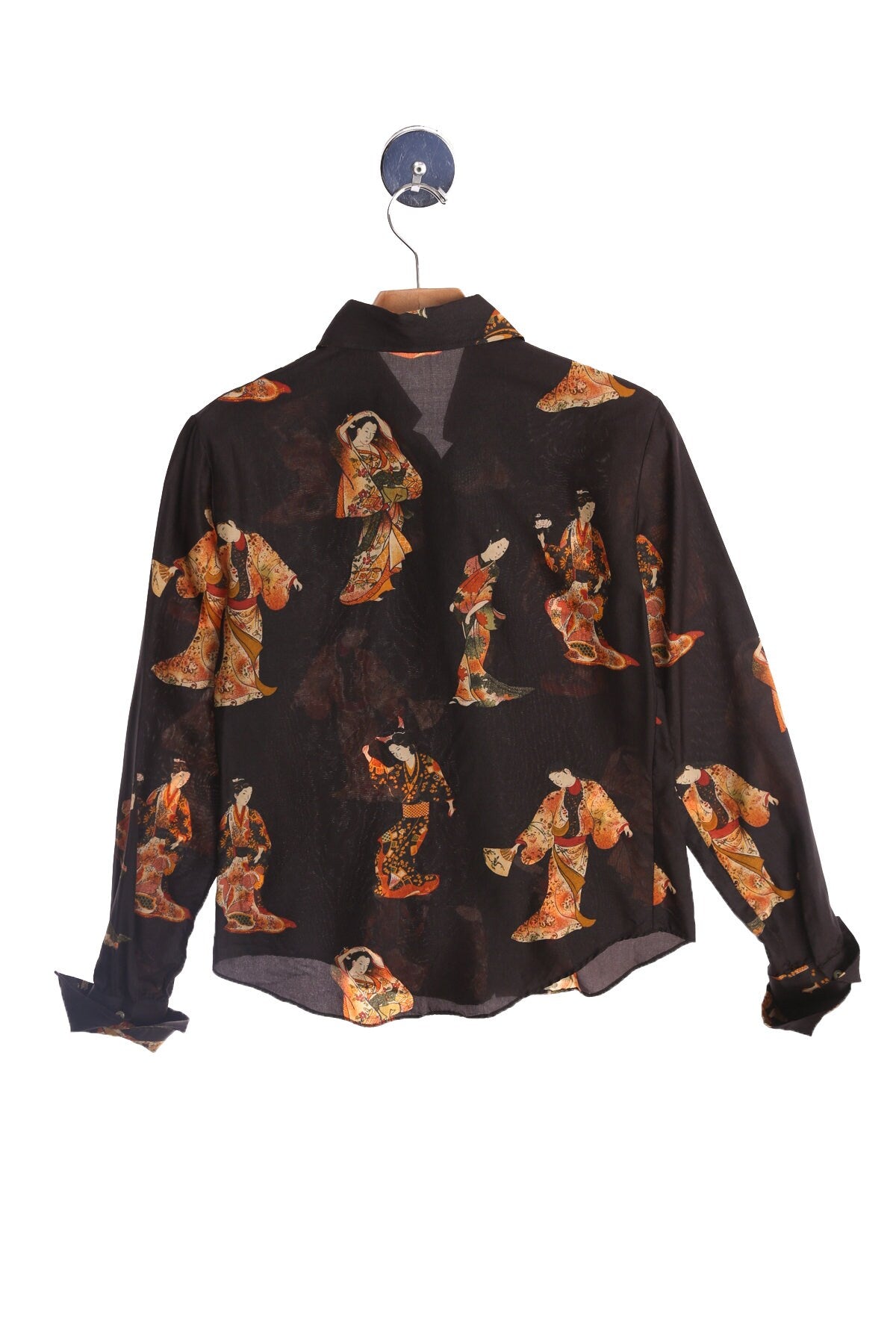 Women Black Geisha Print Button Up Blouse