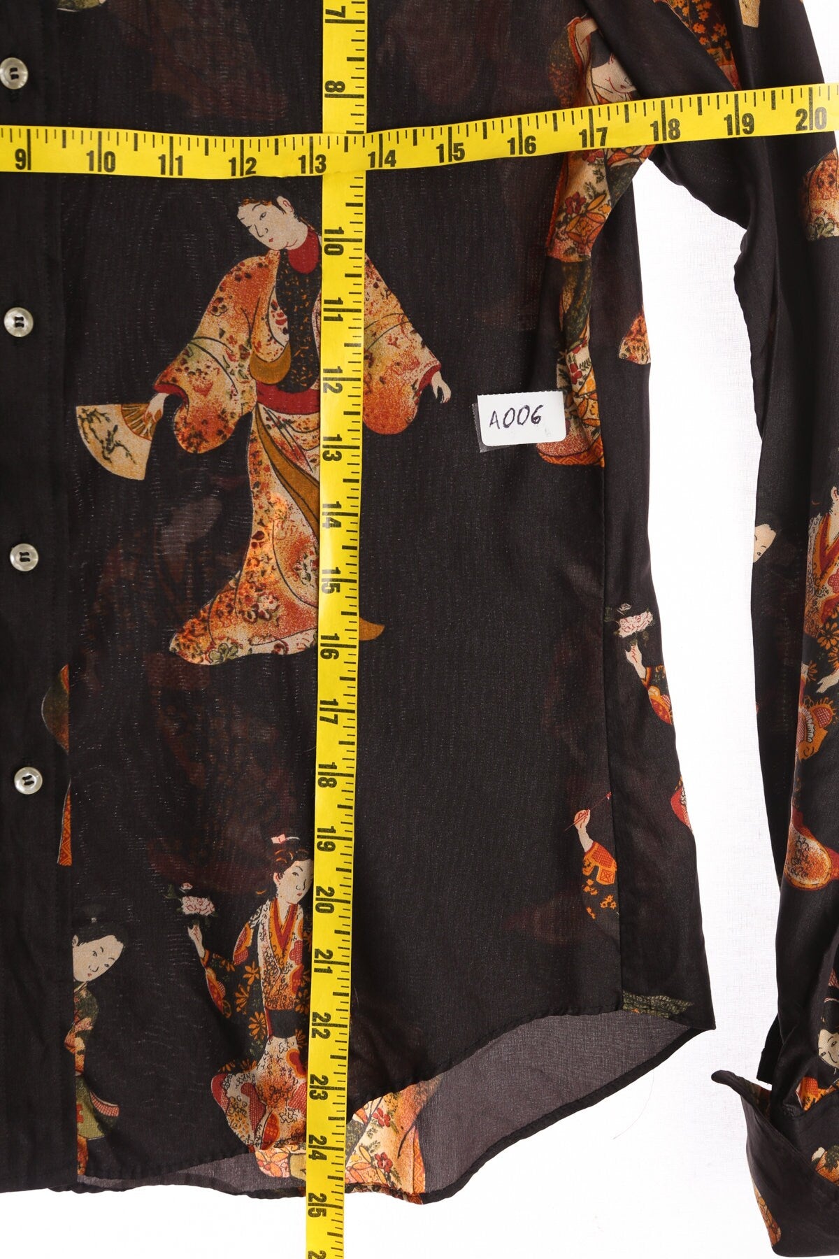 Women Black Geisha Print Button Up Blouse