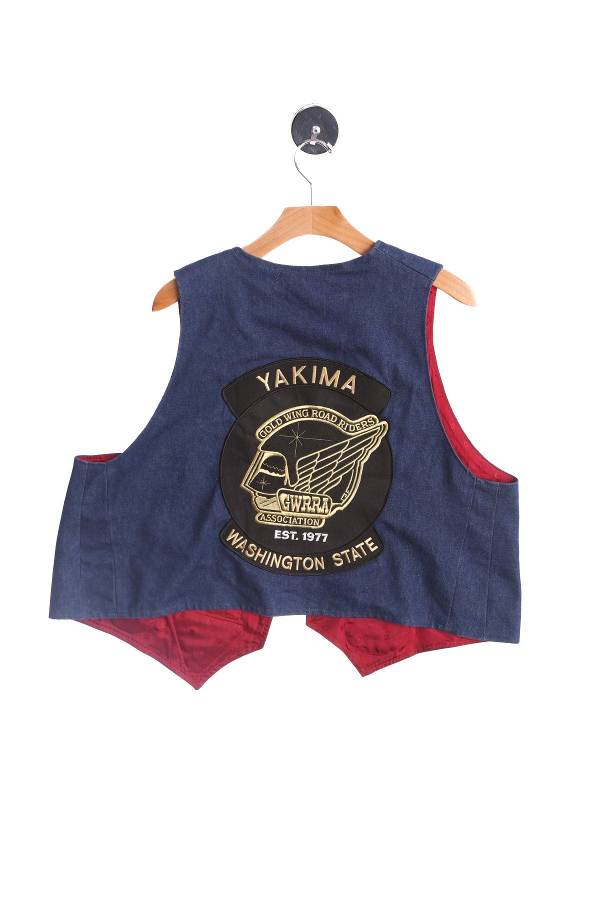 Men Blue Denim Biker Vest with Yakima Gold Wing Road Riders Patch
