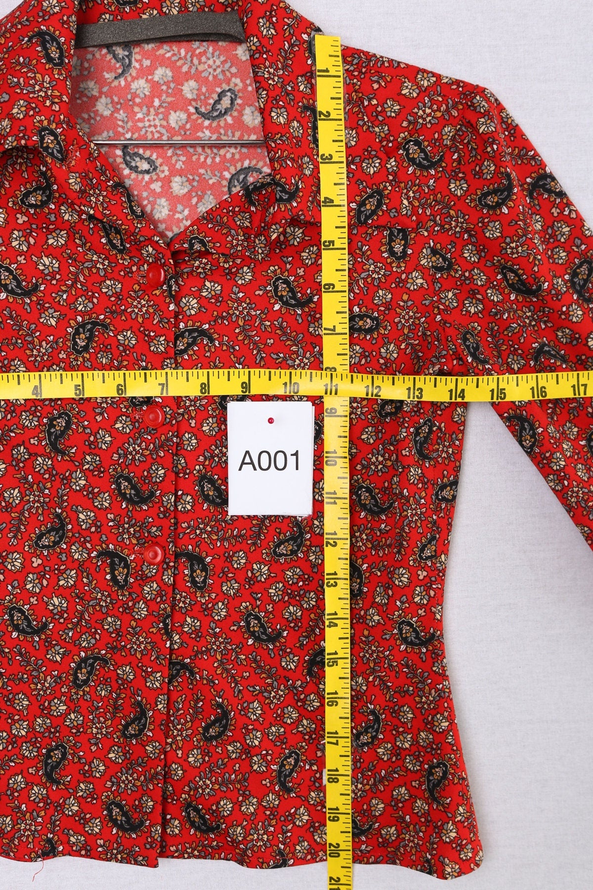 70's Red Paisley Print Poly Top