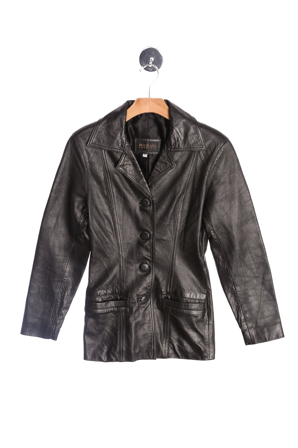 Women Black Leather Coat by Michael Lawrence - Era 90's - Y2K
