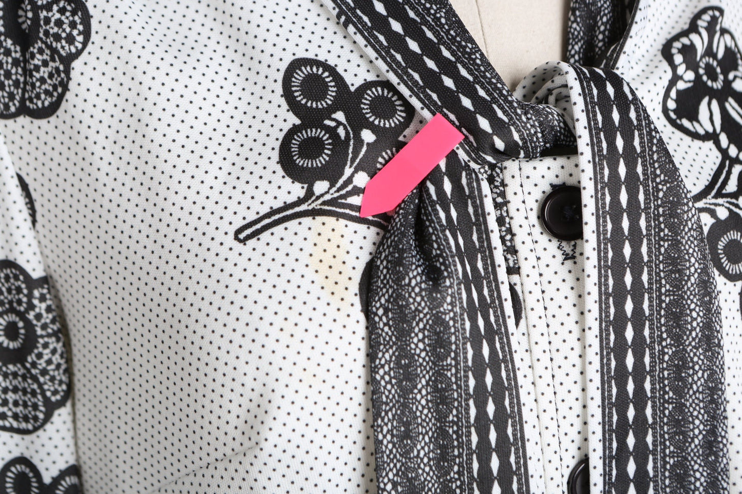 70's Women White Polyester Top with Black Floral Print