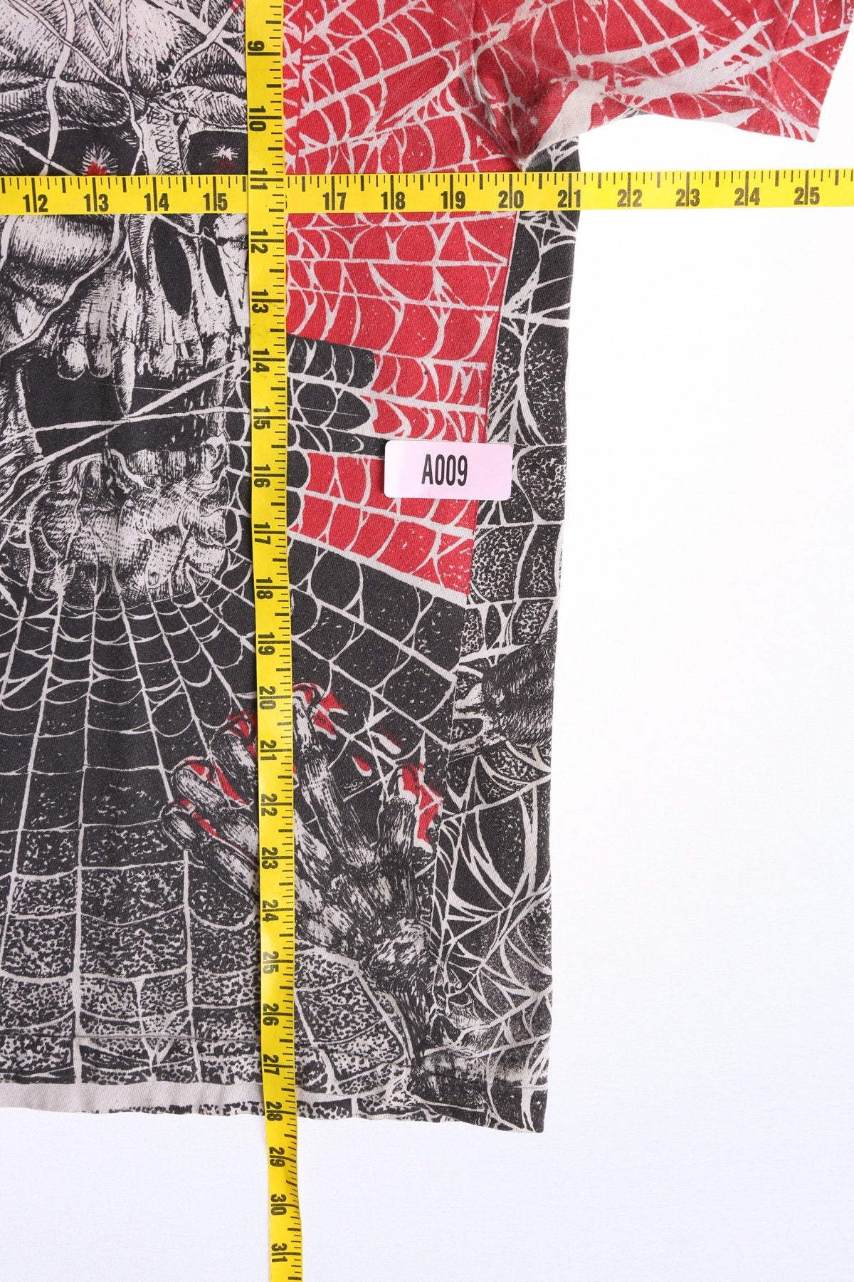 Vintage Block Print Spider Web Skull Red and Black Print T-shirt