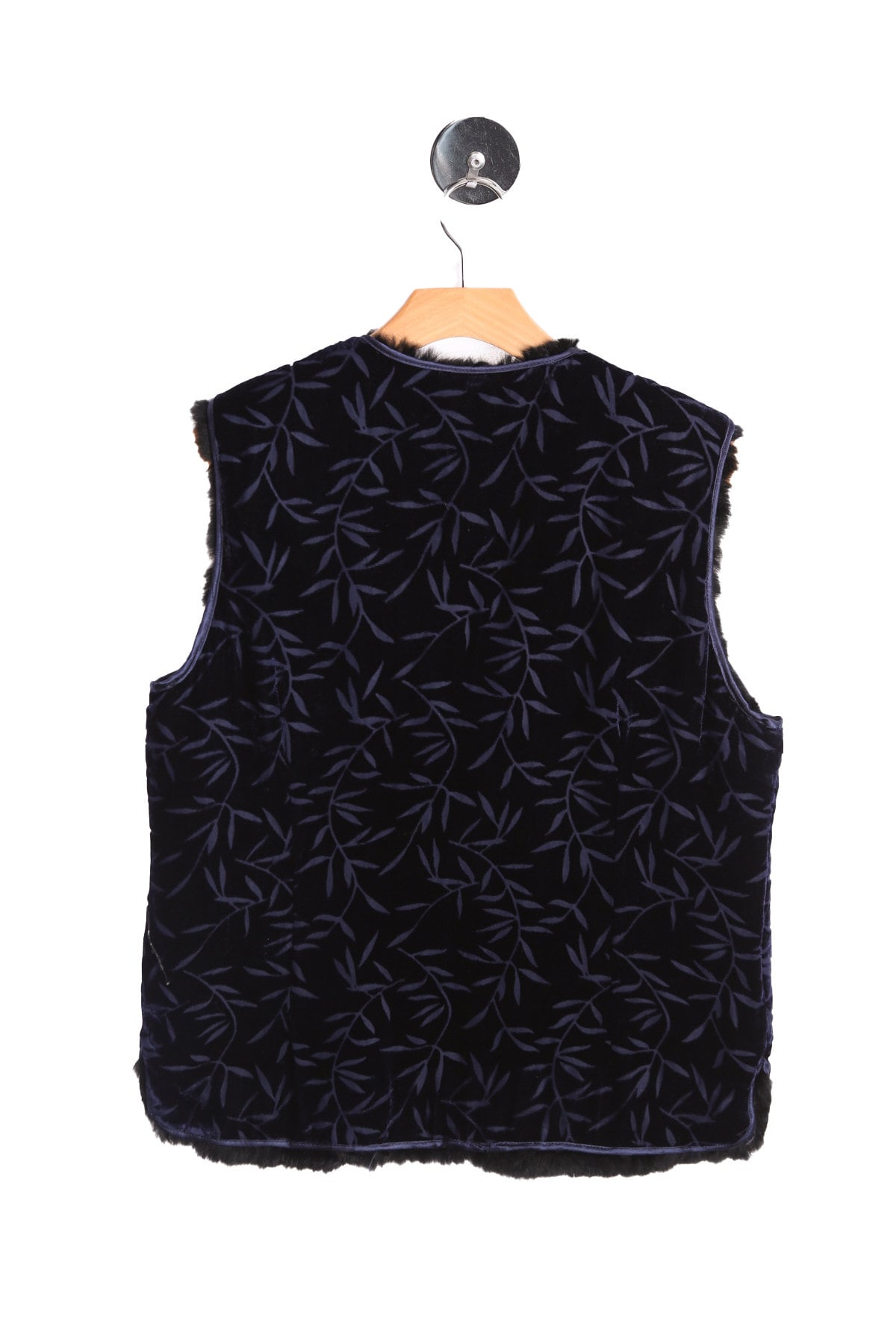 Woman Black fur Vest with Purple Velvet Leaves Desing Print