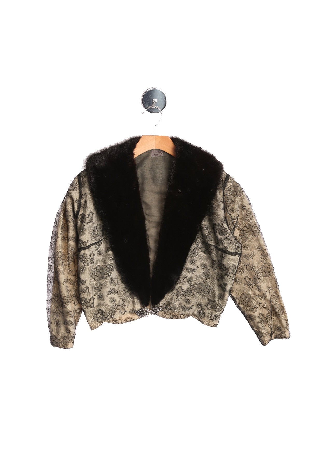 Woman Beige Cardigan Sweater with Black Fur Collar and Black Lace Floral Outside Lining