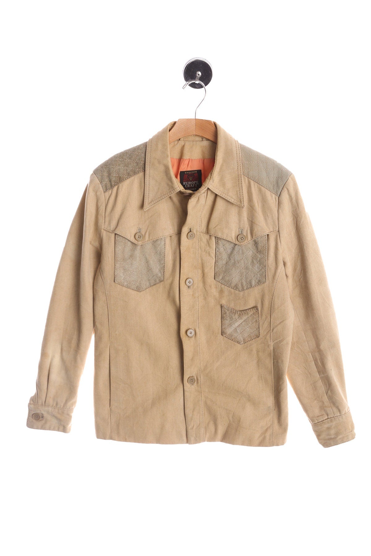 1970's Men Beige Long Sleeve Button up Shirt with Suede Shoulder Patches