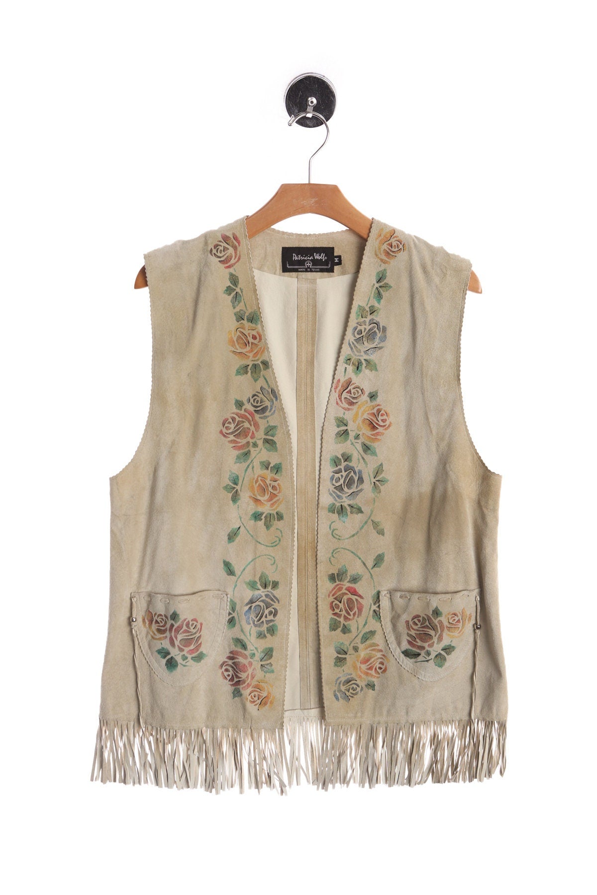 Women Beige Suede Fringed Vest with Roses Print