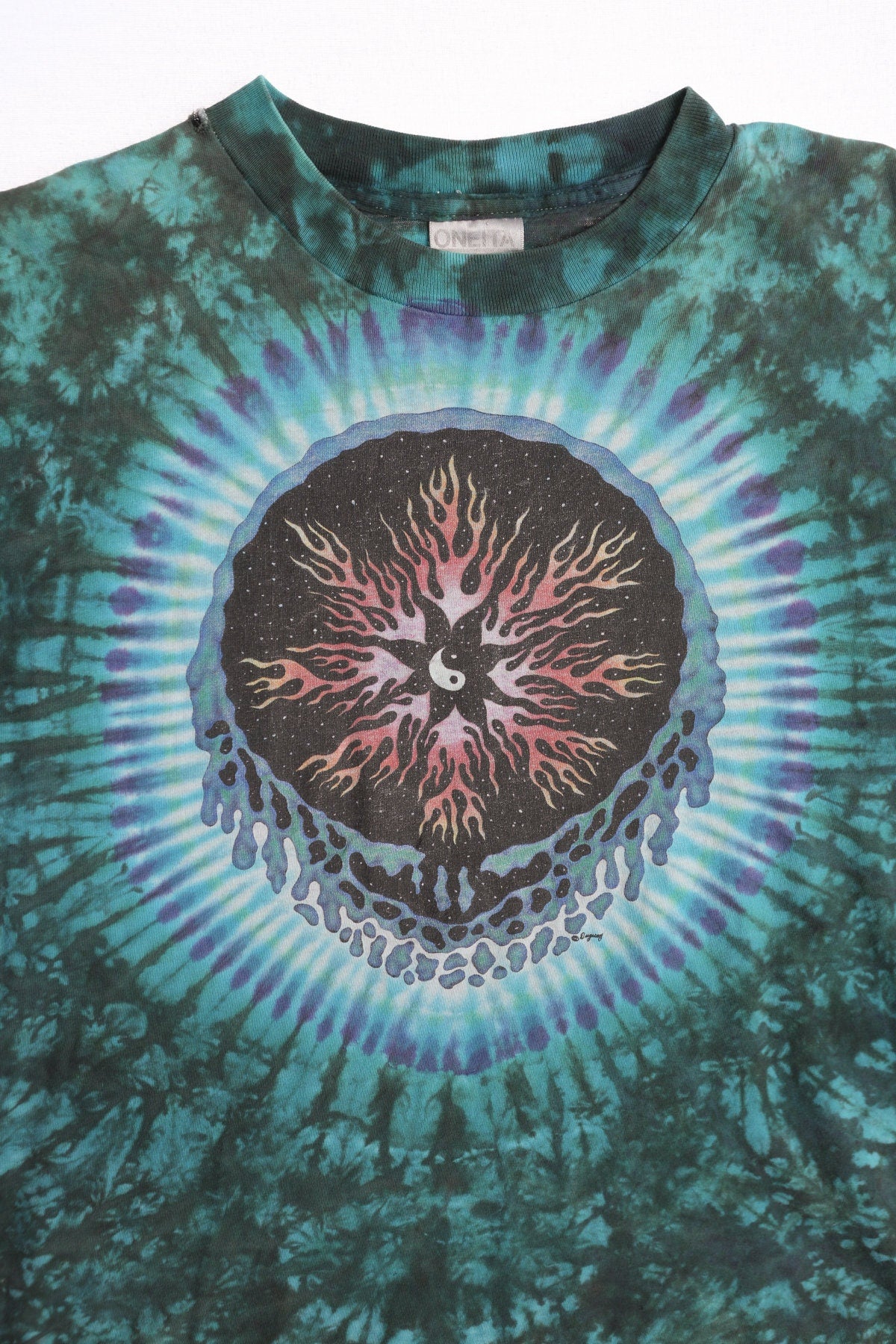 Ying Yang Acid Skull Face Green Tie Dye Graphic T-shirt