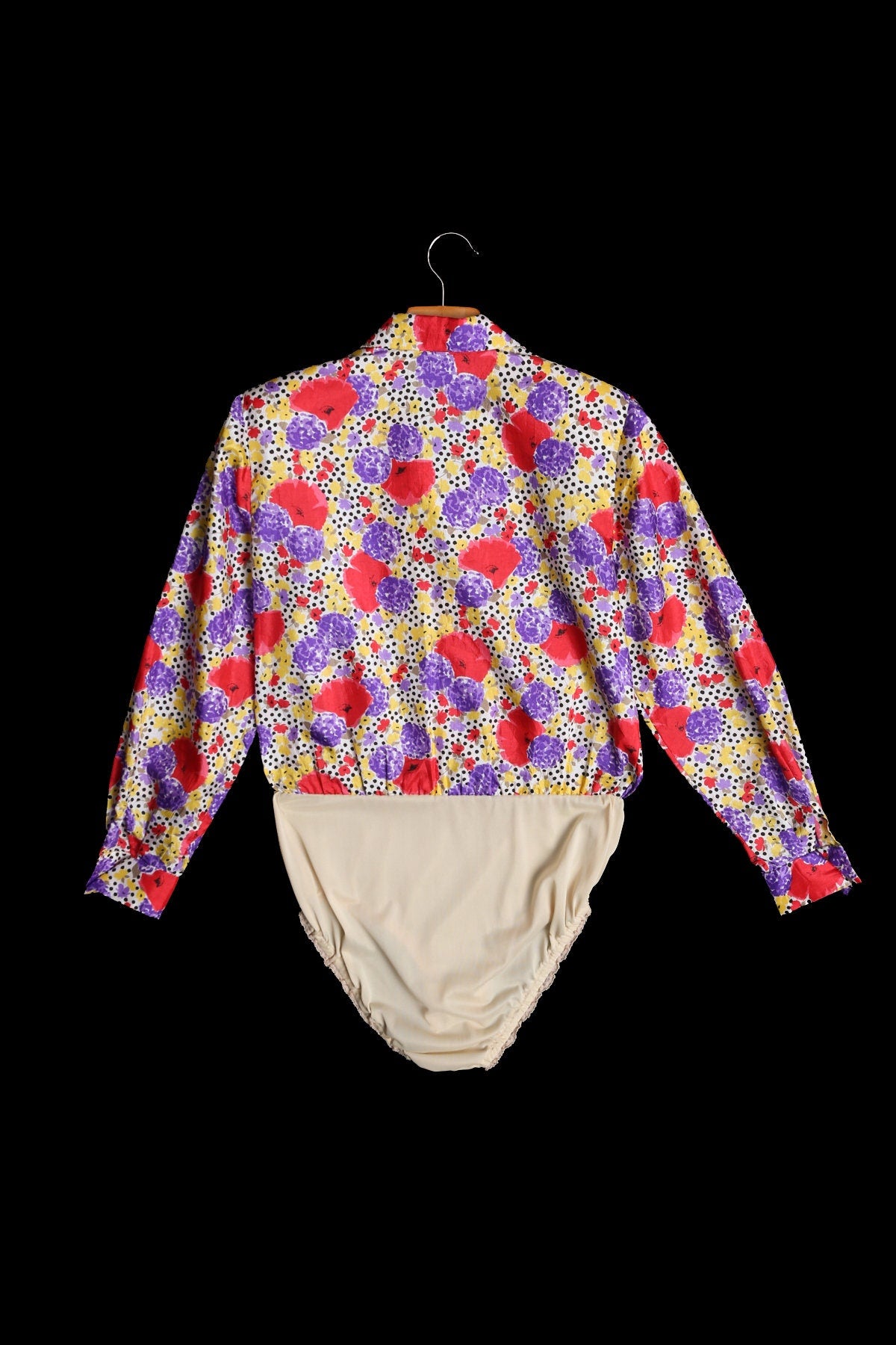 80's Women Floral Print Polyester Leotard Top