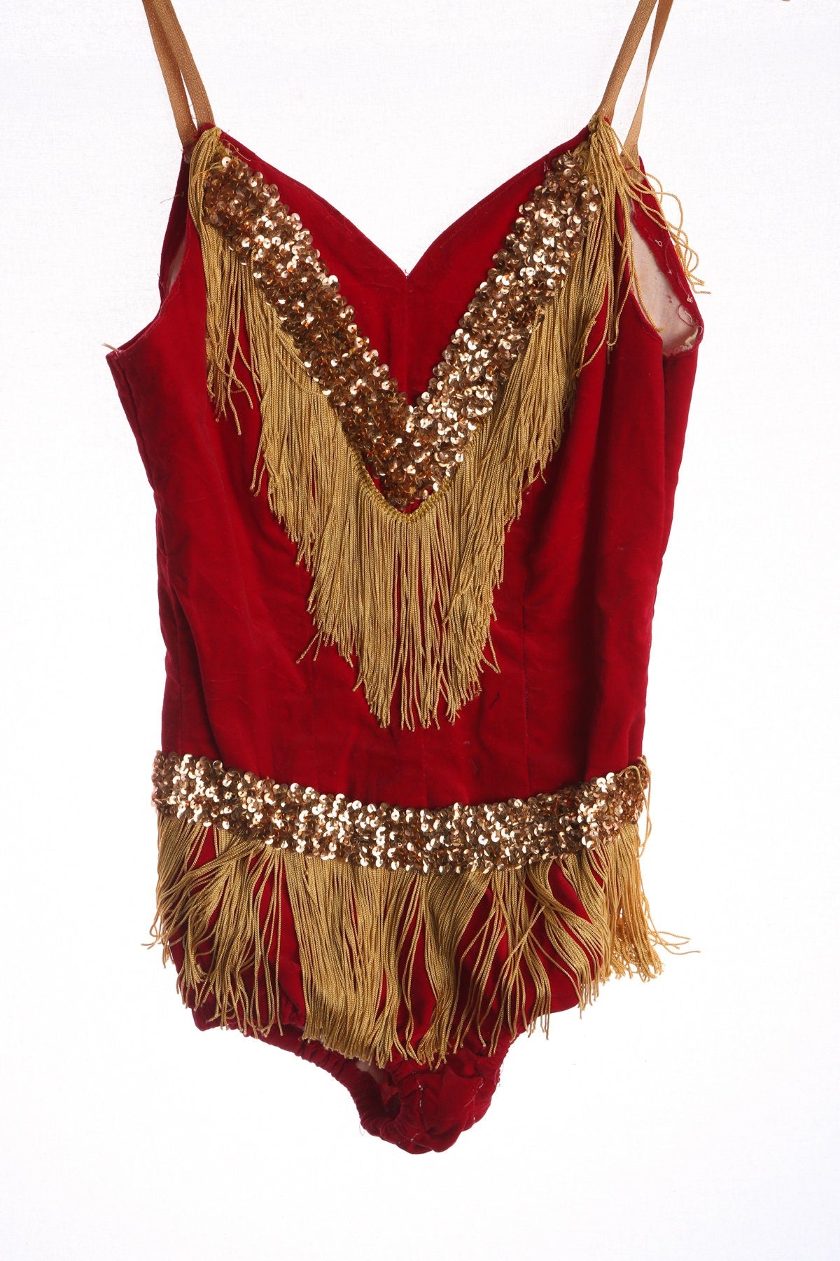 Women Red Velvet Leotard with Golden Fringe Details - Era 50s - 60s
