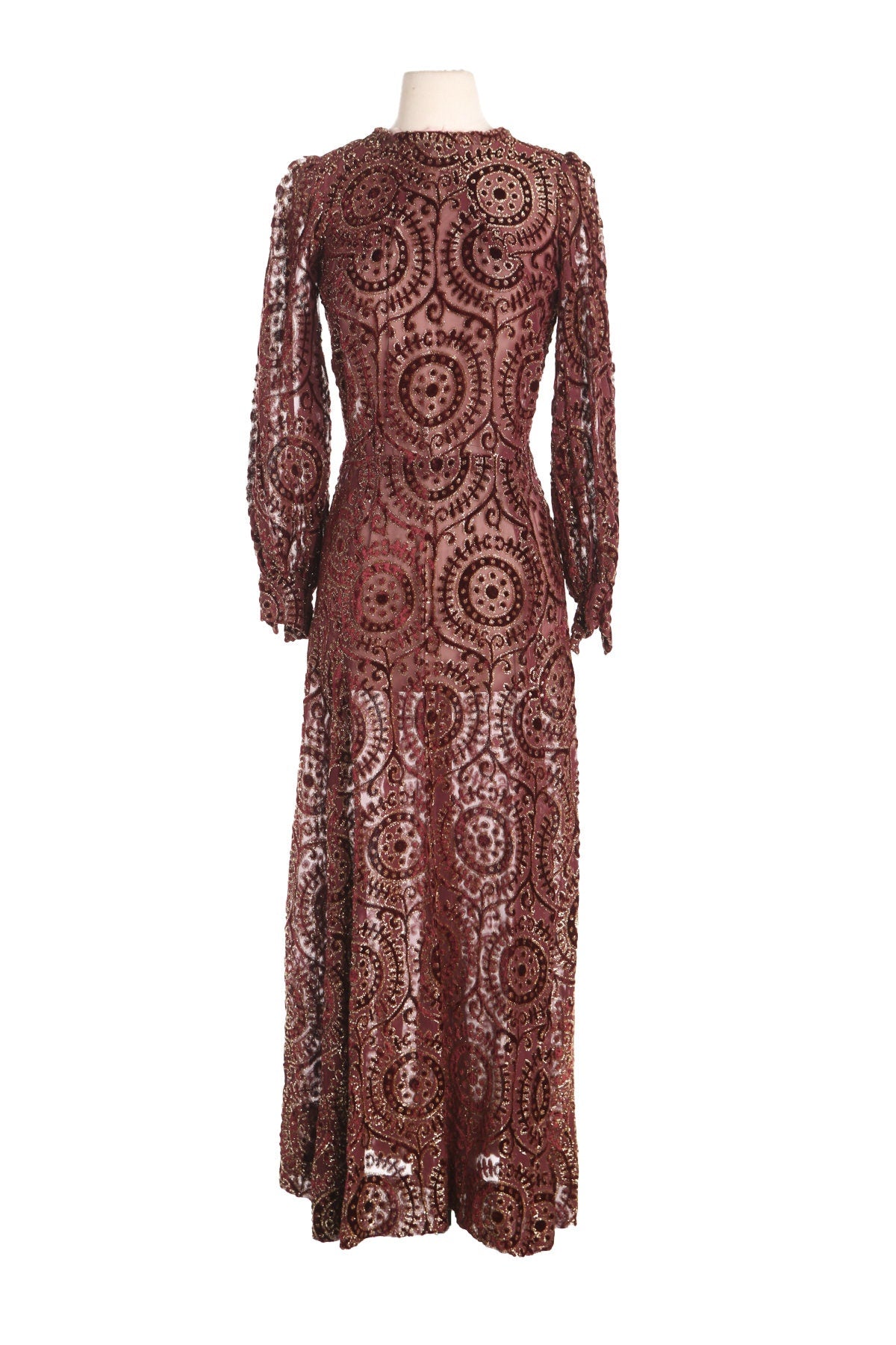 Women Red Sheer Polyester Dress with Golden and Red Velvet Design Details - Era 70s - 80s
