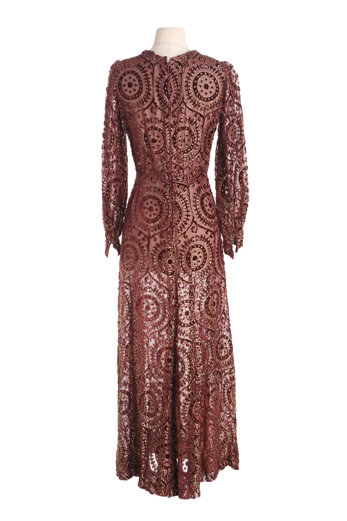 Women Red Sheer Polyester Dress with Golden and Red Velvet Design Details - Era 70s - 80s
