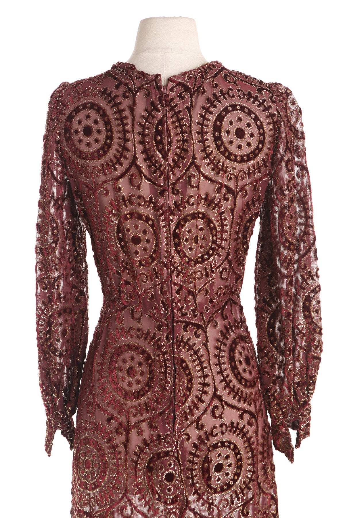 Women Red Sheer Polyester Dress with Golden and Red Velvet Design Details - Era 70s - 80s