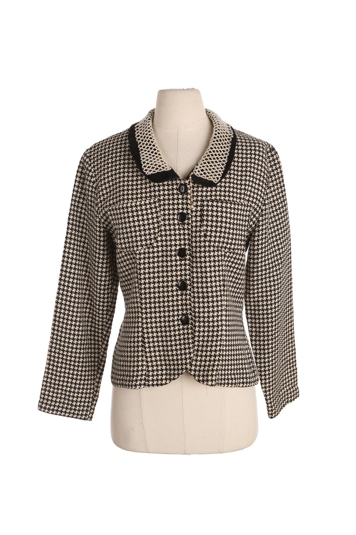 Women Houndstooth Print Casual Jacket with Collared Pearl Embroidered Details