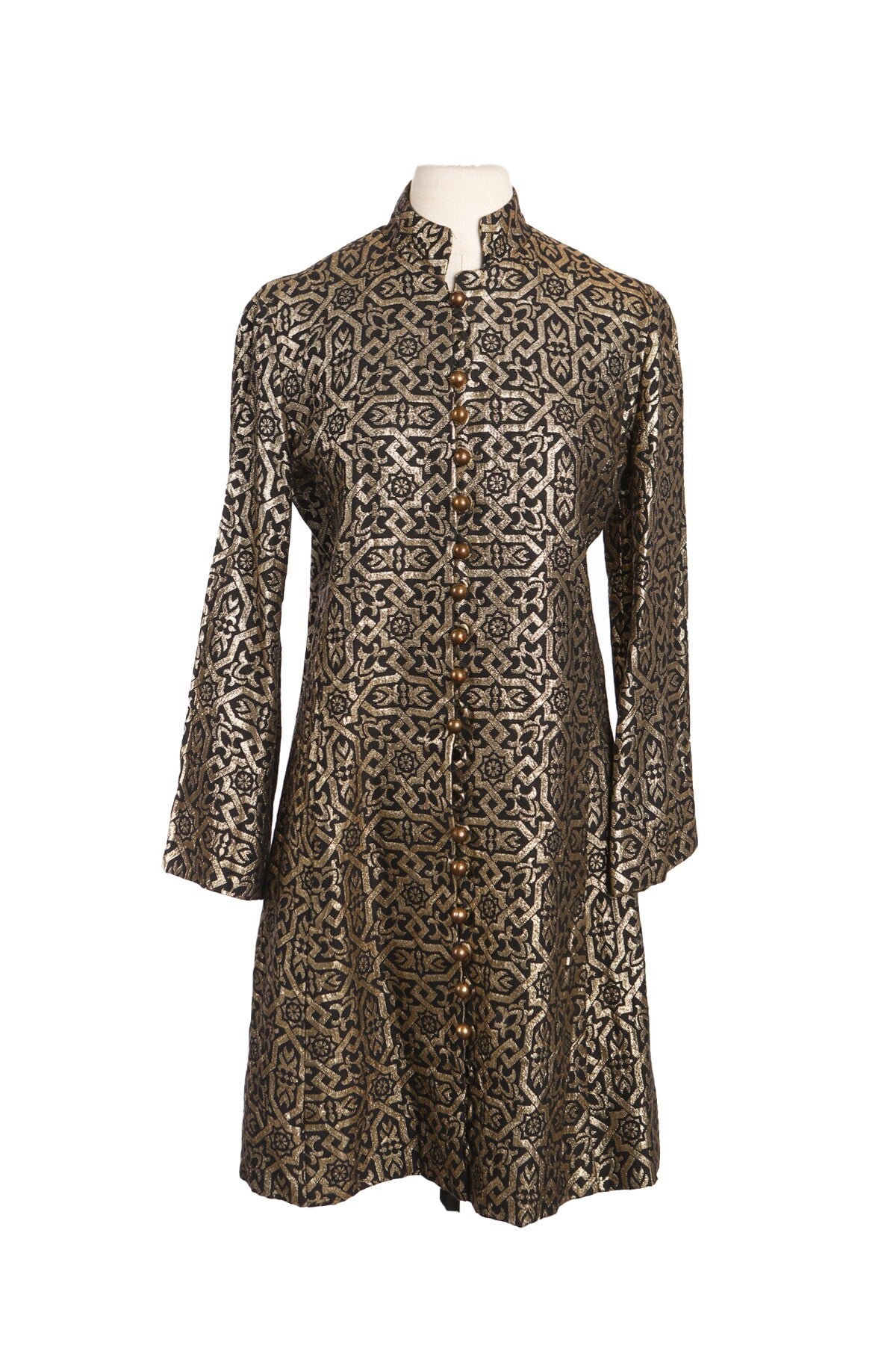 Women Black Dress with Golden Fabric Geometrical Print - Mr. Mort by Stan Herman - Era 70s - 80s