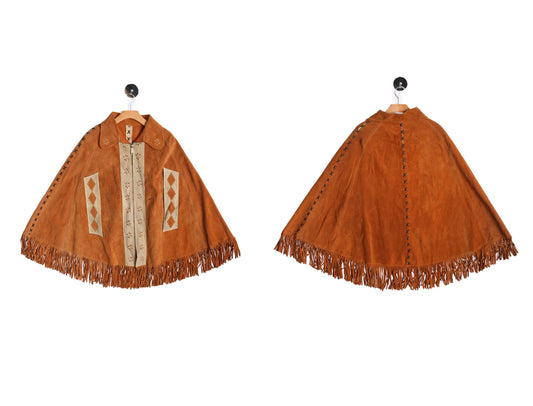 Women Tan Suede Fringed Poncho - Era 70's - 80's