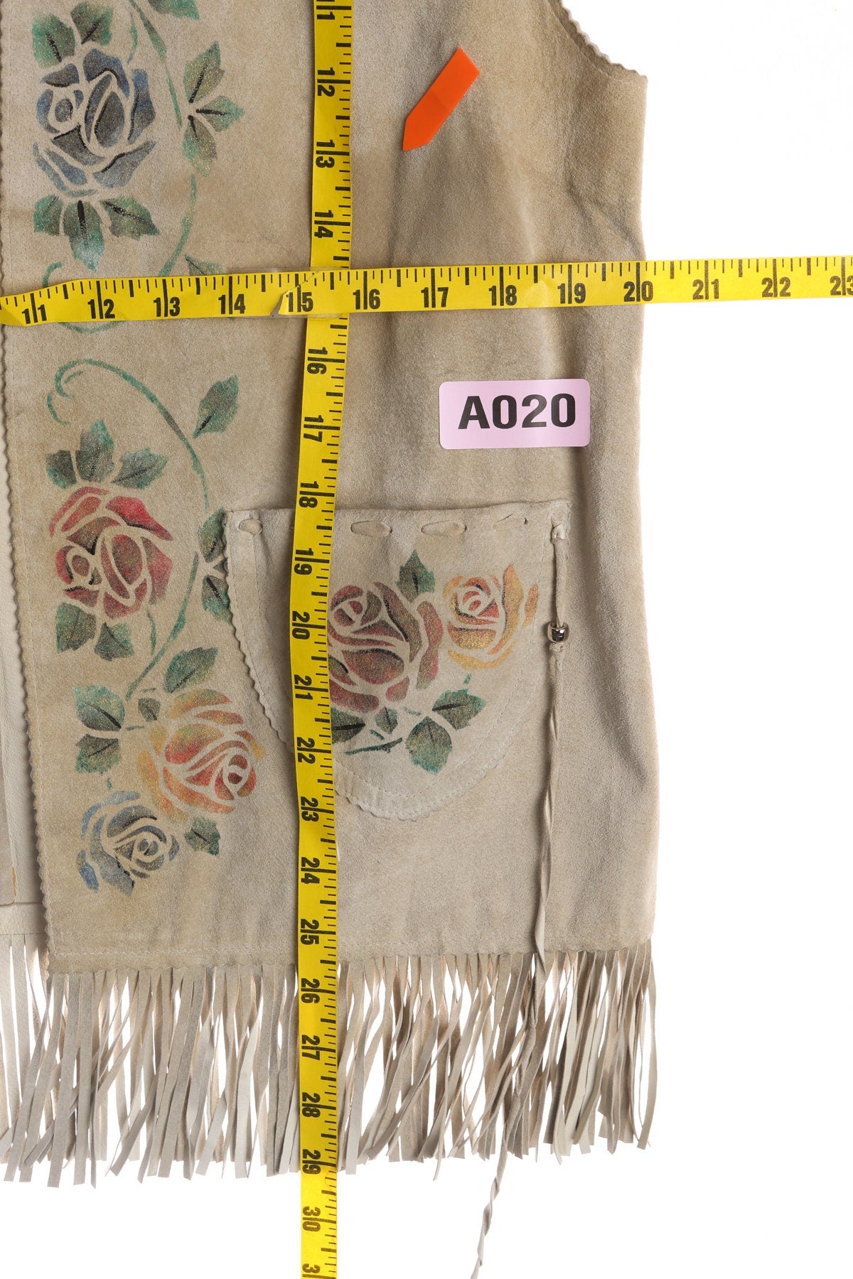 Women Beige Suede Fringed Vest with Roses Print