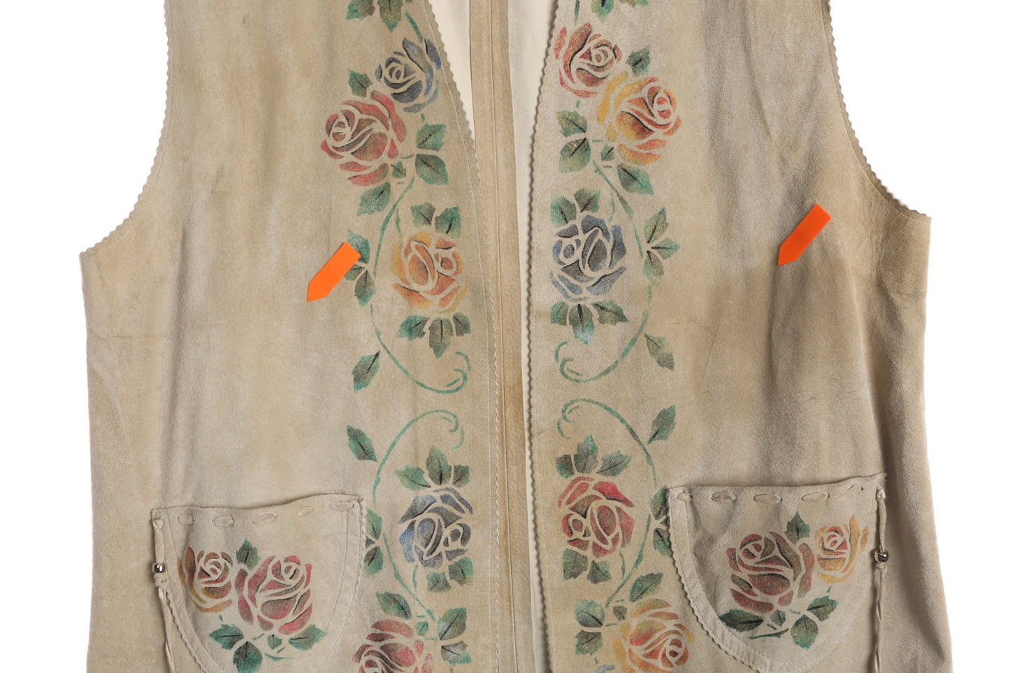 Women Beige Suede Fringed Vest with Roses Print