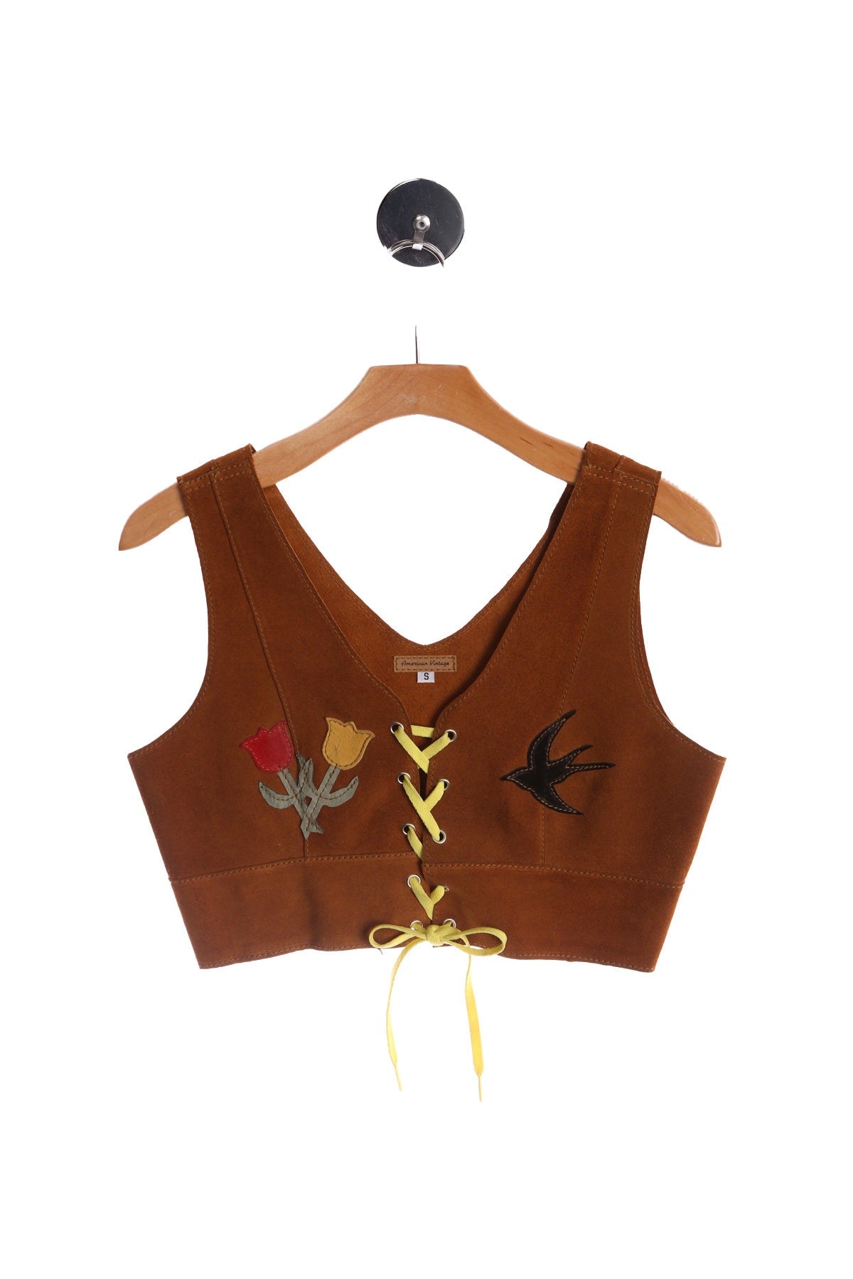 Women Tan Suede Top with Patch Details and String Front Closure