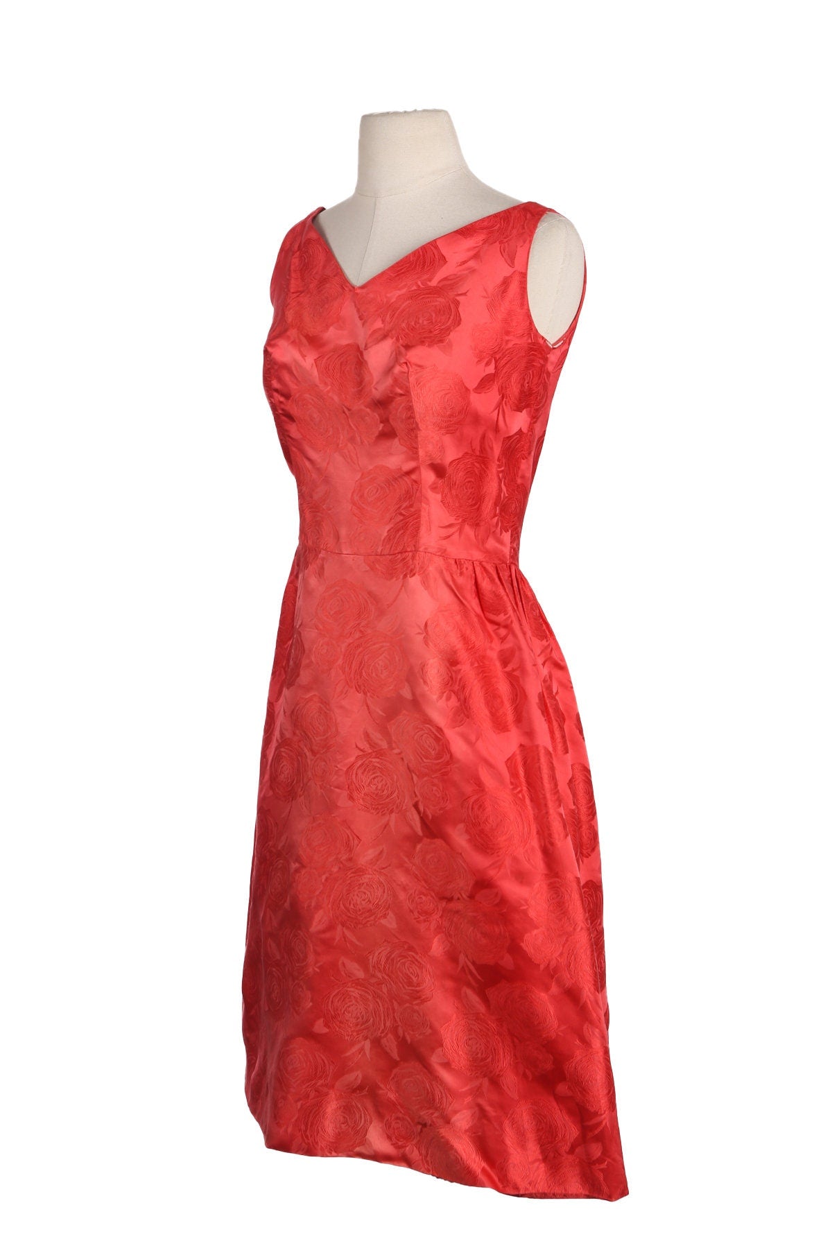 1950s Red Ballgown Dress with Roses Fabric Patter Design