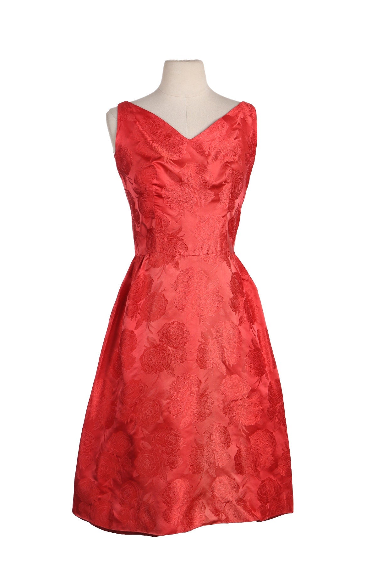 1950s Red Ballgown Dress with Roses Fabric Patter Design