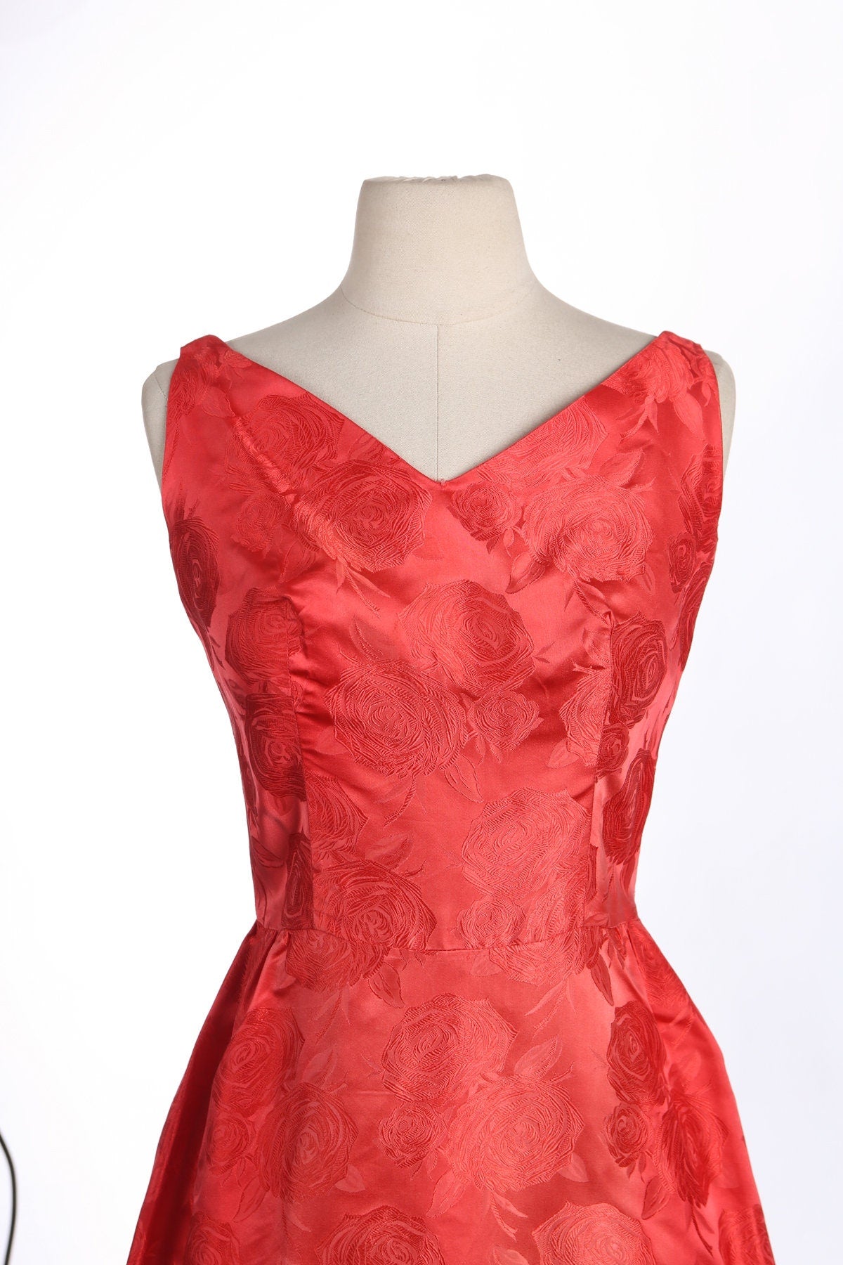 1950s Red Ballgown Dress with Roses Fabric Patter Design