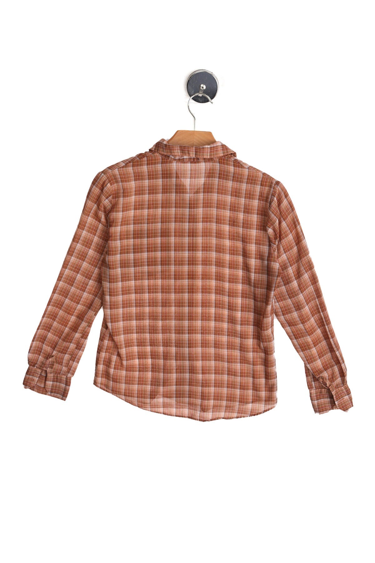 70's Women Brown Plaid Casual Button Up Blouse