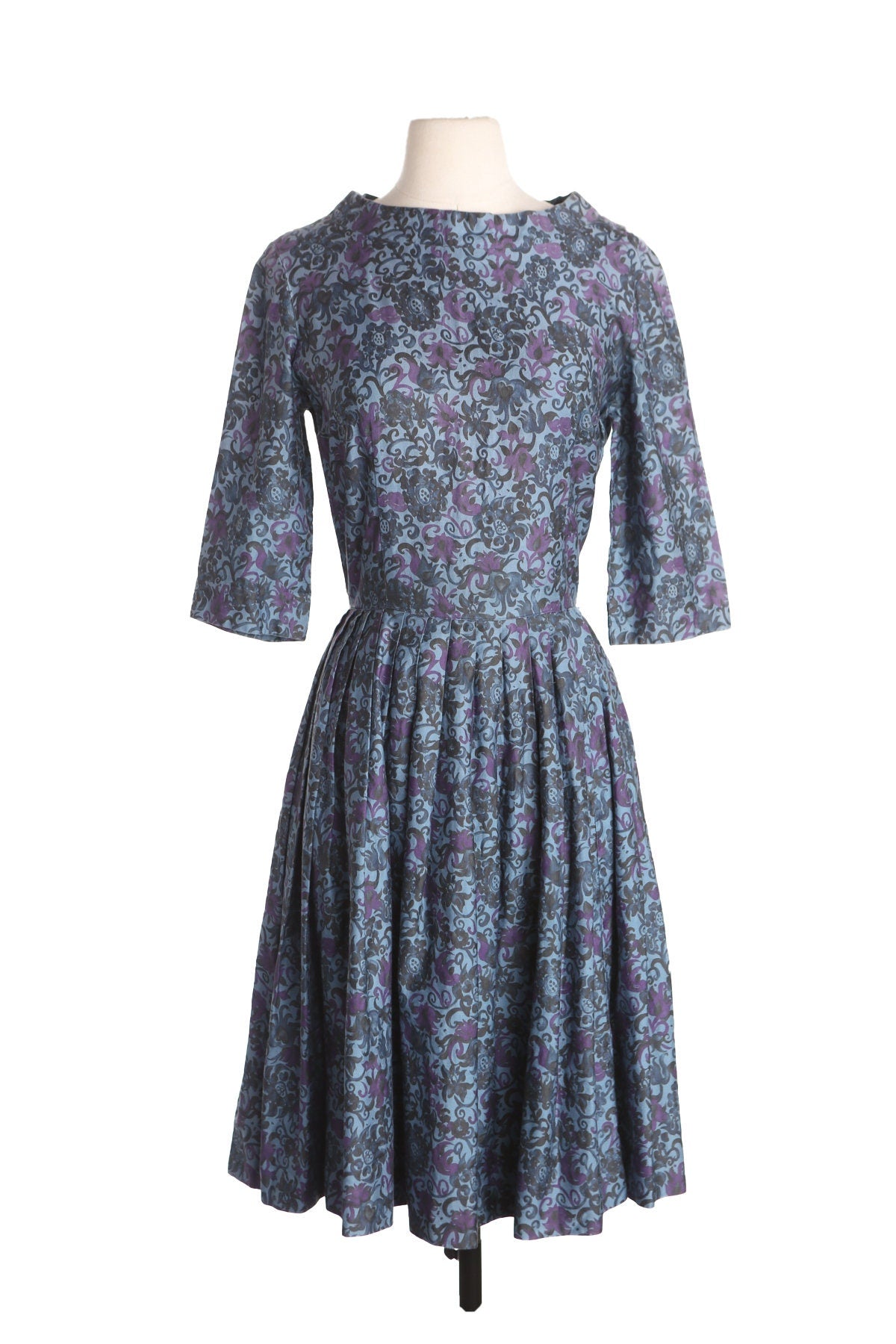 Women 1950s Blue Floral Print Casual Dress