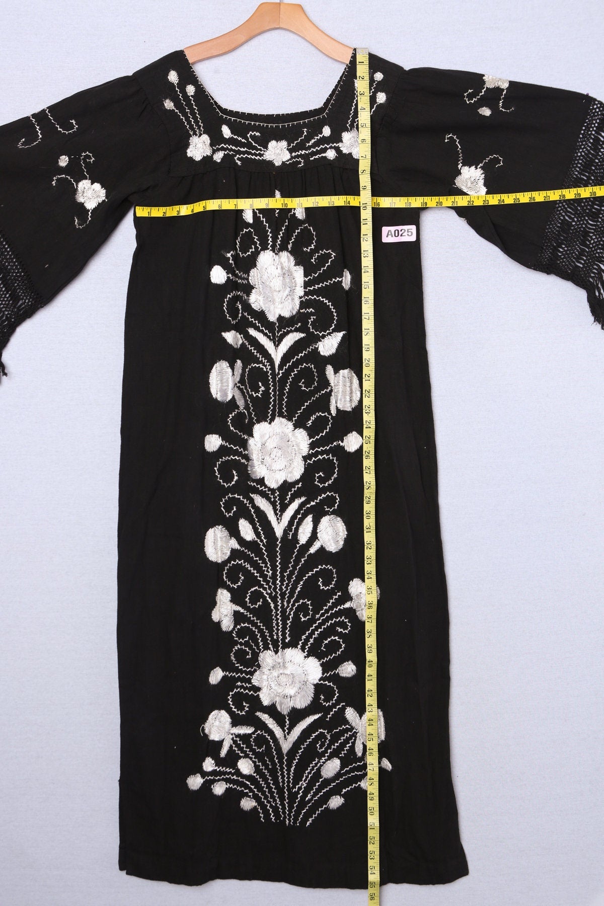 Vintage Black Embroidered Dress with White/Silver Flower Embroidery Designs
