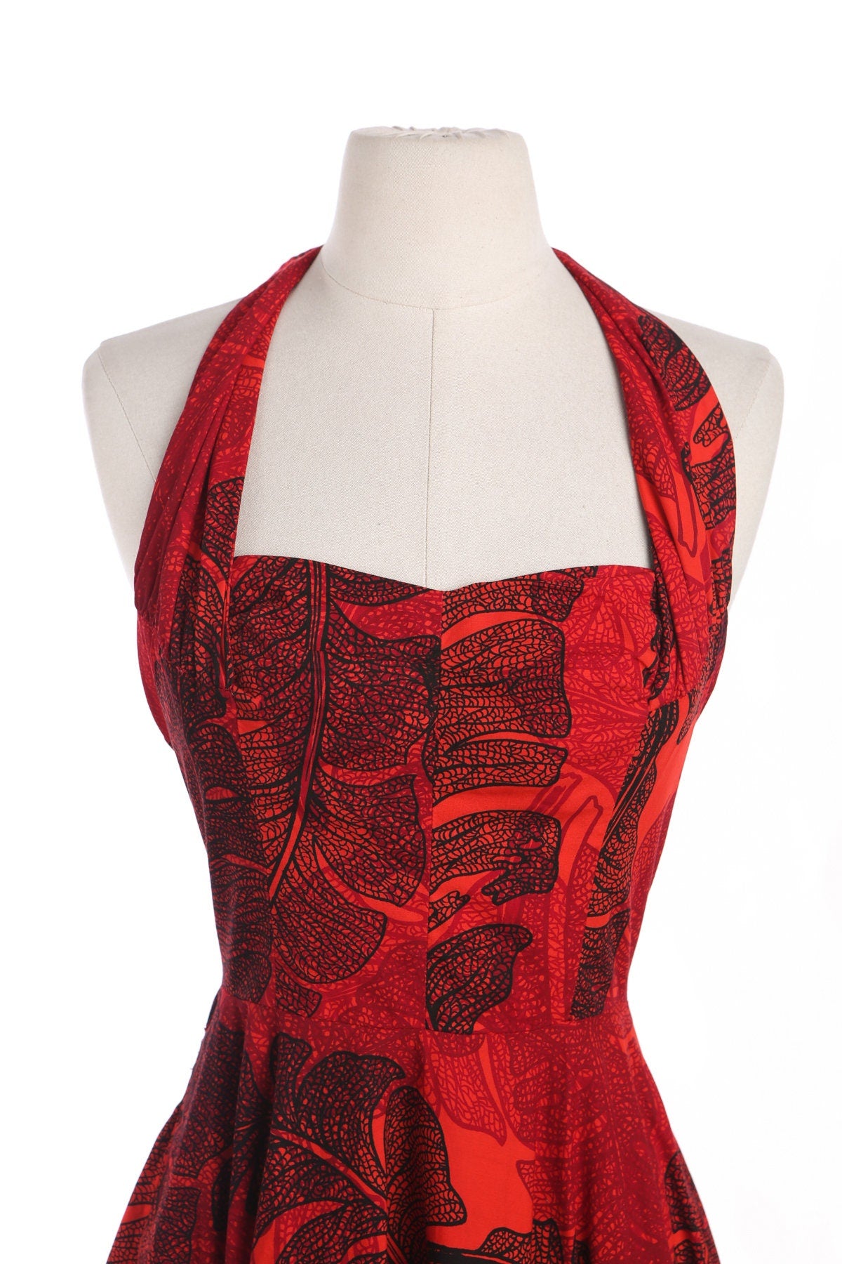 1940s Women Red Hawaiian Print Summer Halter Dress