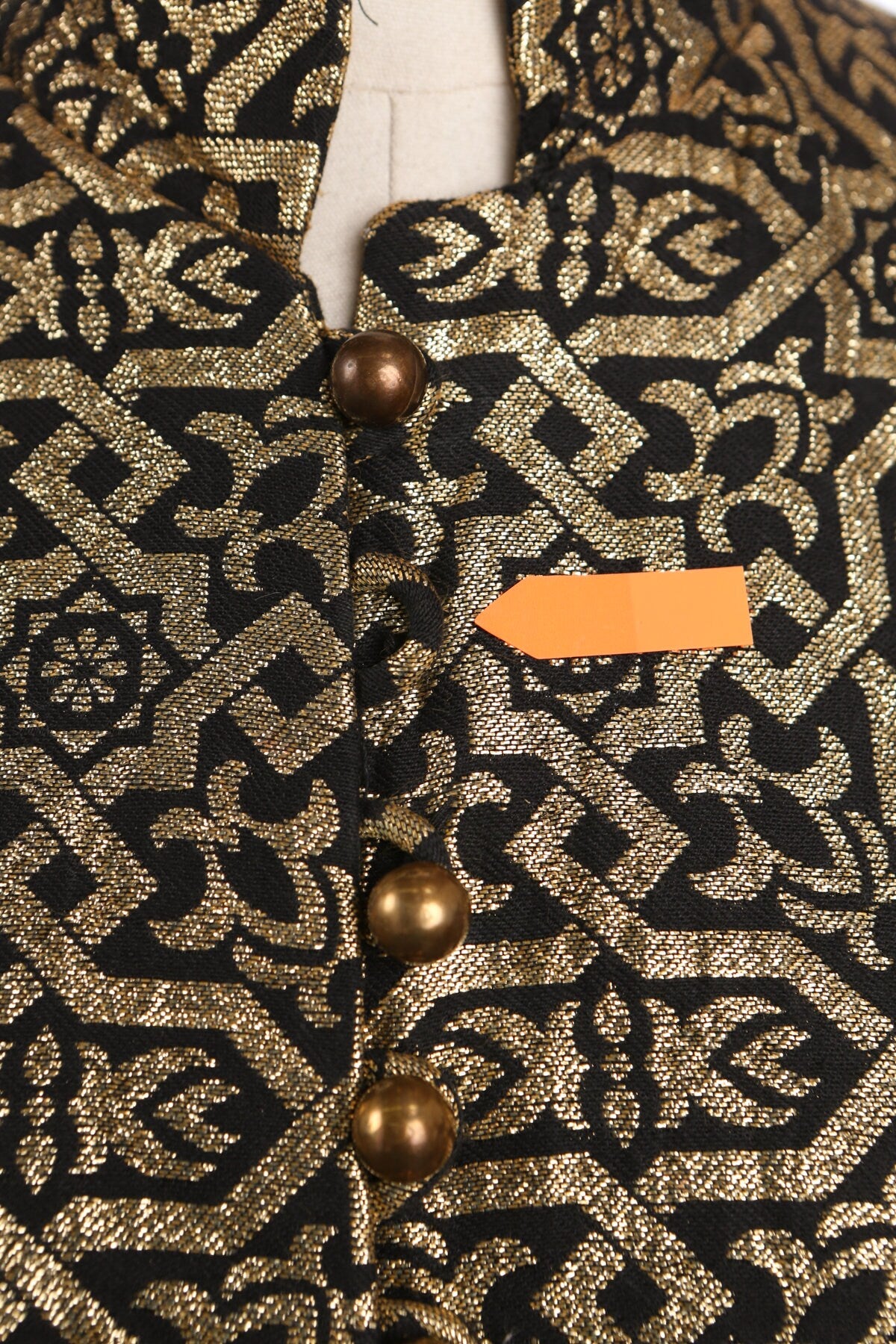 Women Black Dress with Golden Fabric Geometrical Print - Mr. Mort by Stan Herman - Era 70s - 80s