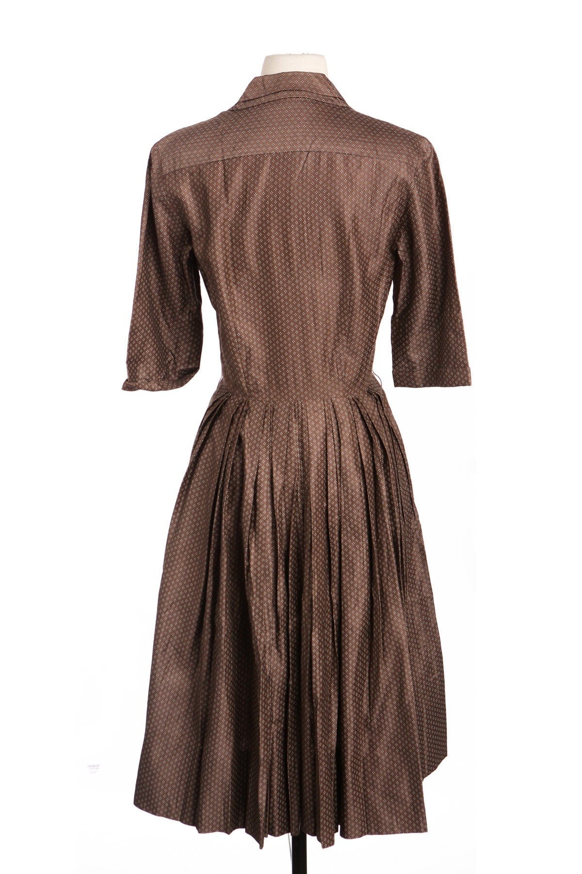 50s Women Brown Casual Short Sleeve Dress with Black Small Striped fabric Details