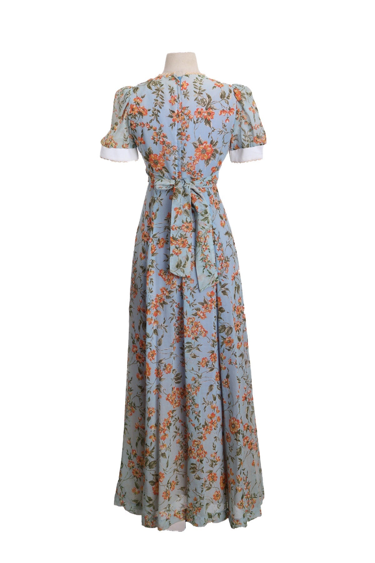 1970s Women Blue Long Floral Print Poly Summer Dress