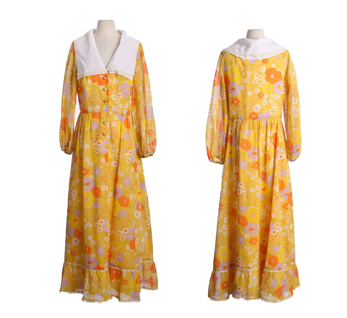 Women 70s Floral Print Yellow Summer Dress